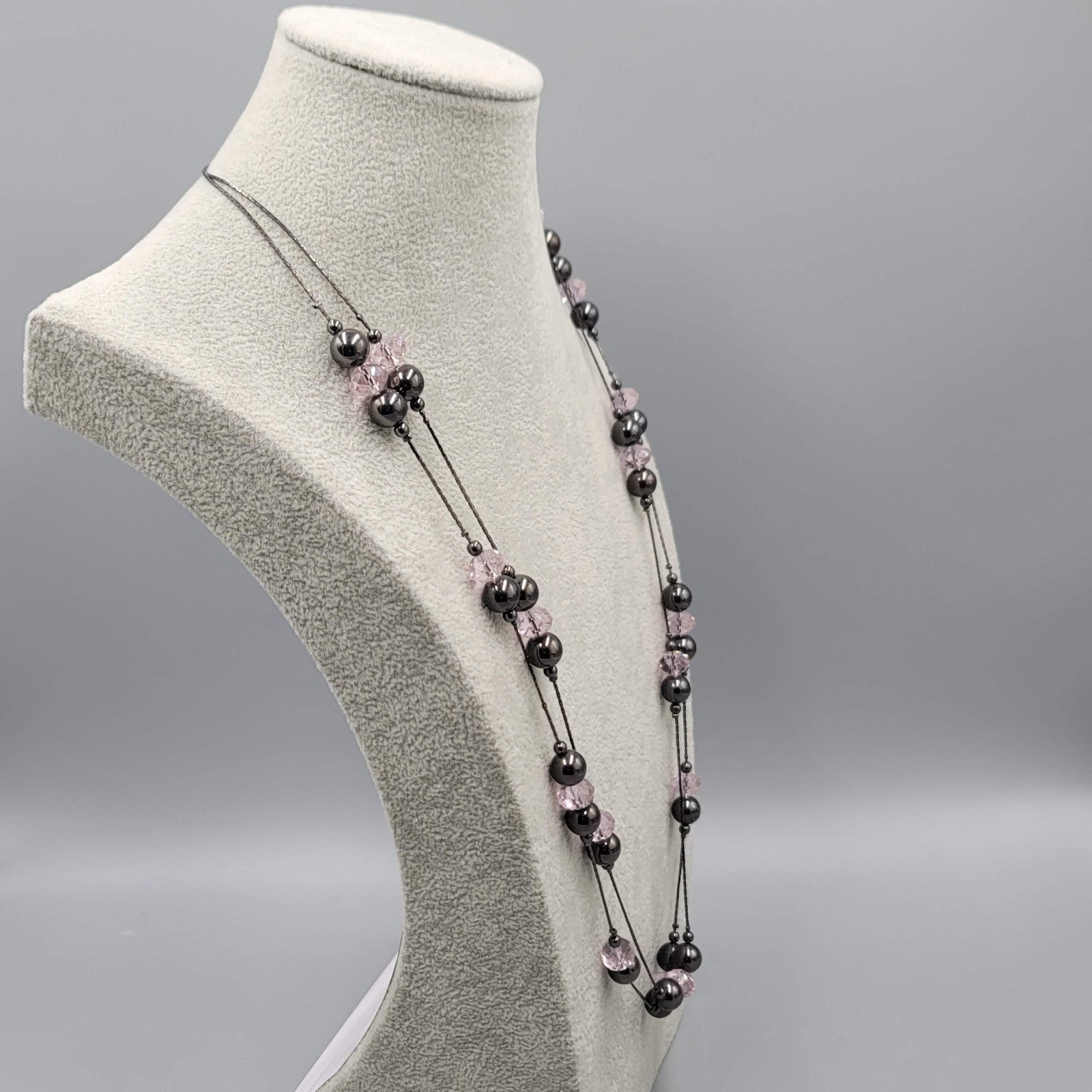 Double Black Chain Necklace Pink Glass Station Bead Long 28-30 in