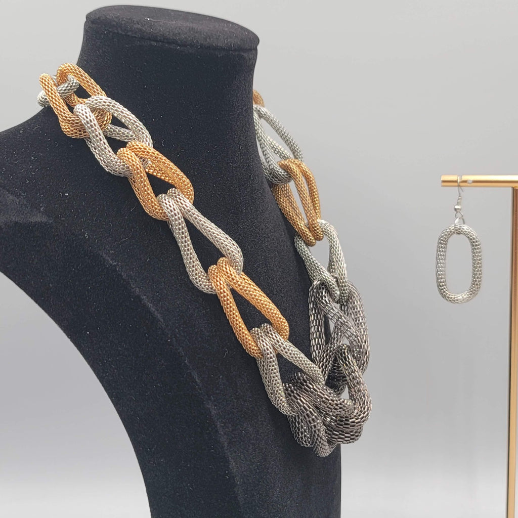 Vintage Mesh Loop Statement Necklace Earrings Set Gold and Silver tones 18"