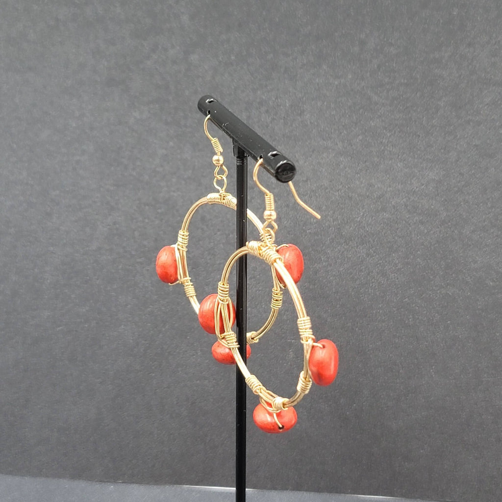 Pierced Earrings Gold tone Orange Stone Bead Dangle Hoops 1.75"