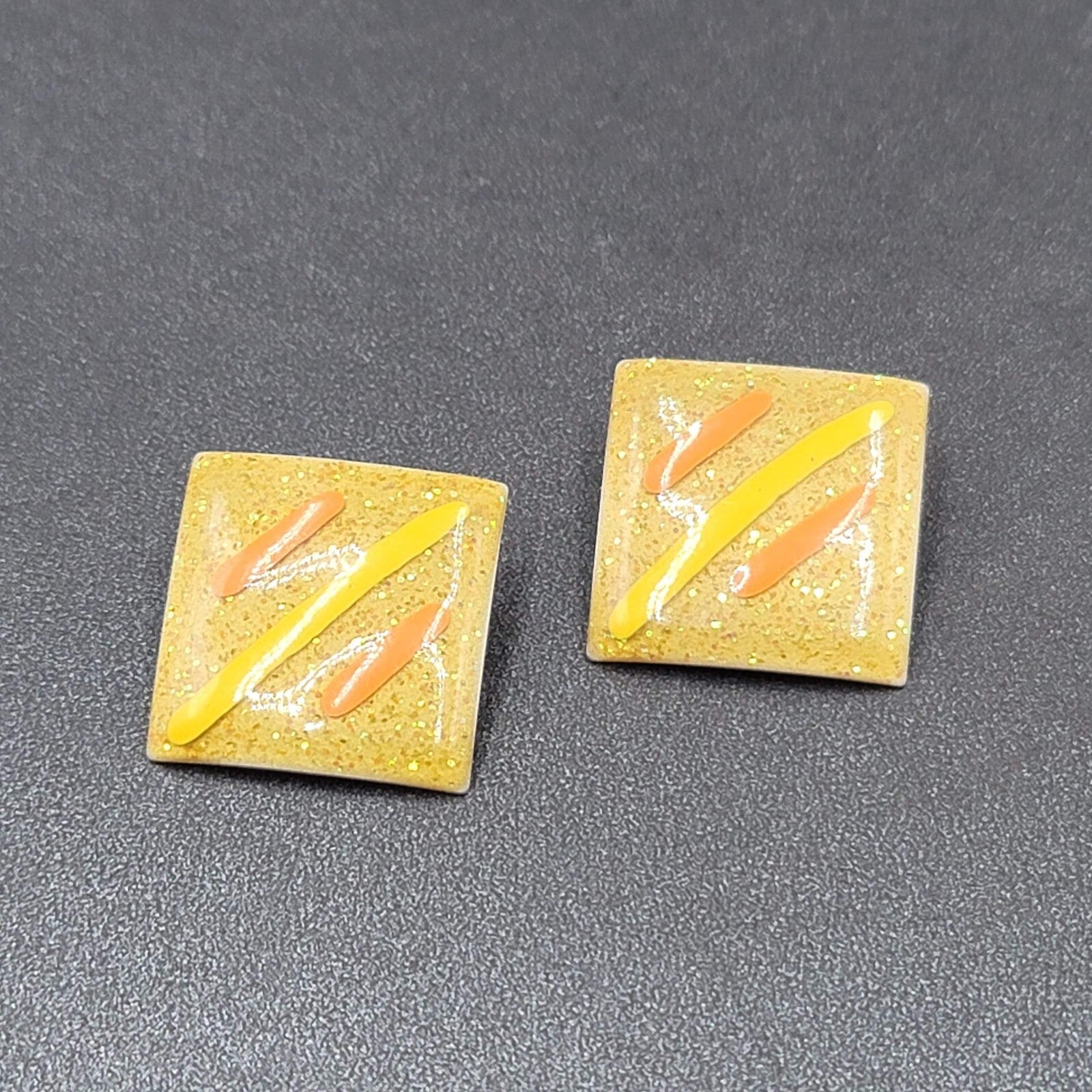 Vintage 1980s Pierced Earrings Glitter Enamel Yellow Orange Gold Square Drop 1"