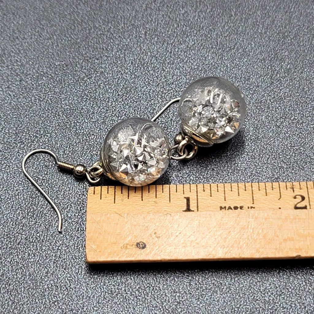 Pierced Earrings Silver tone Loose Silver Rhinestones Filled Sphere Dangle 3/4"