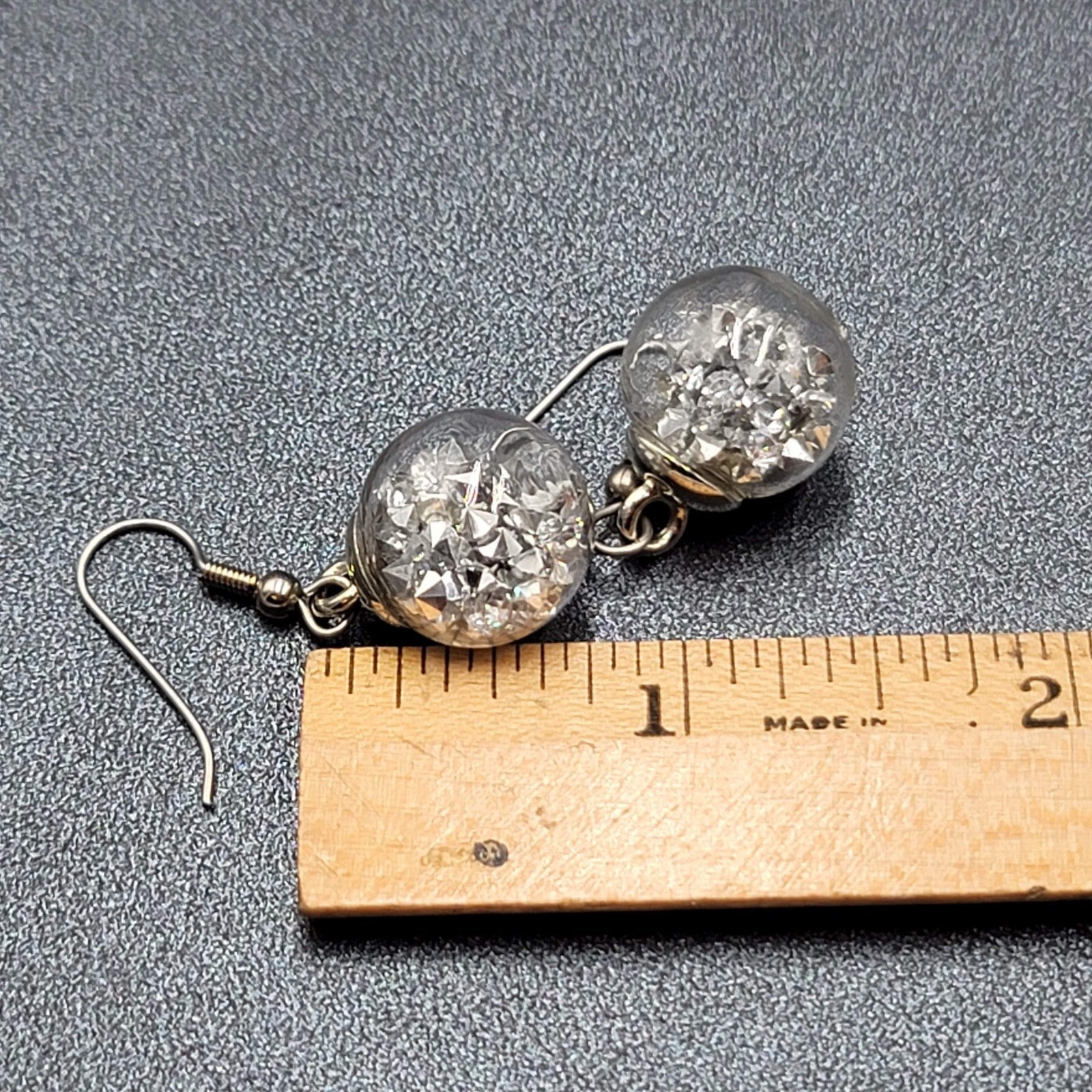 Pierced Earrings Silver tone Loose Silver Rhinestones Filled Sphere Dangle 3/4"