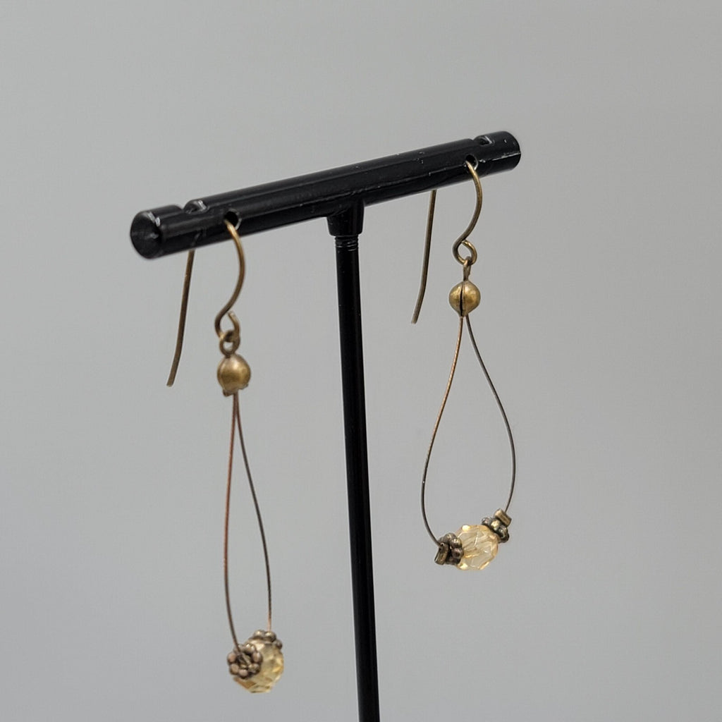 Pierced Earrings Bronze tone Teardrop Wire Yellow Glass Bead Dangle 1.5"