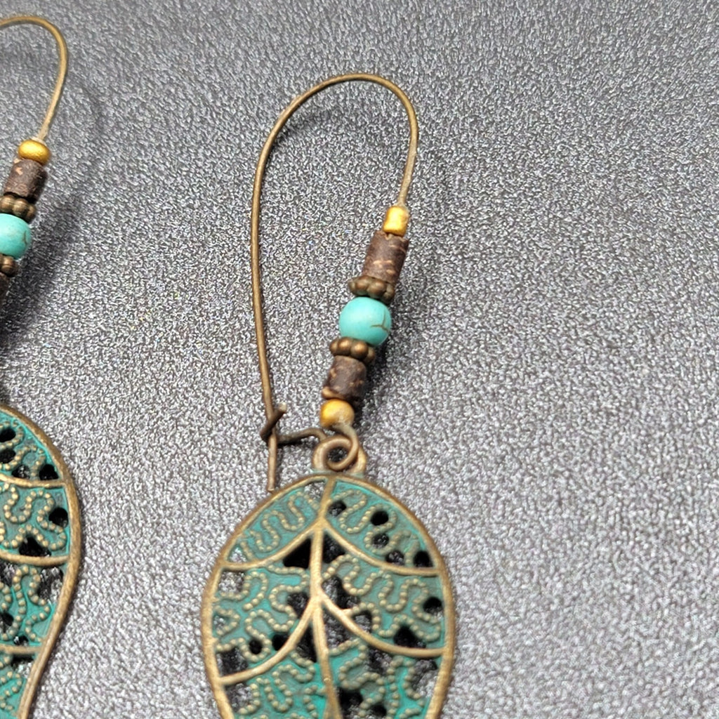 Boho Pierced Earrings Bronze tone Faux Patina Leaf Beaded 2.75"
