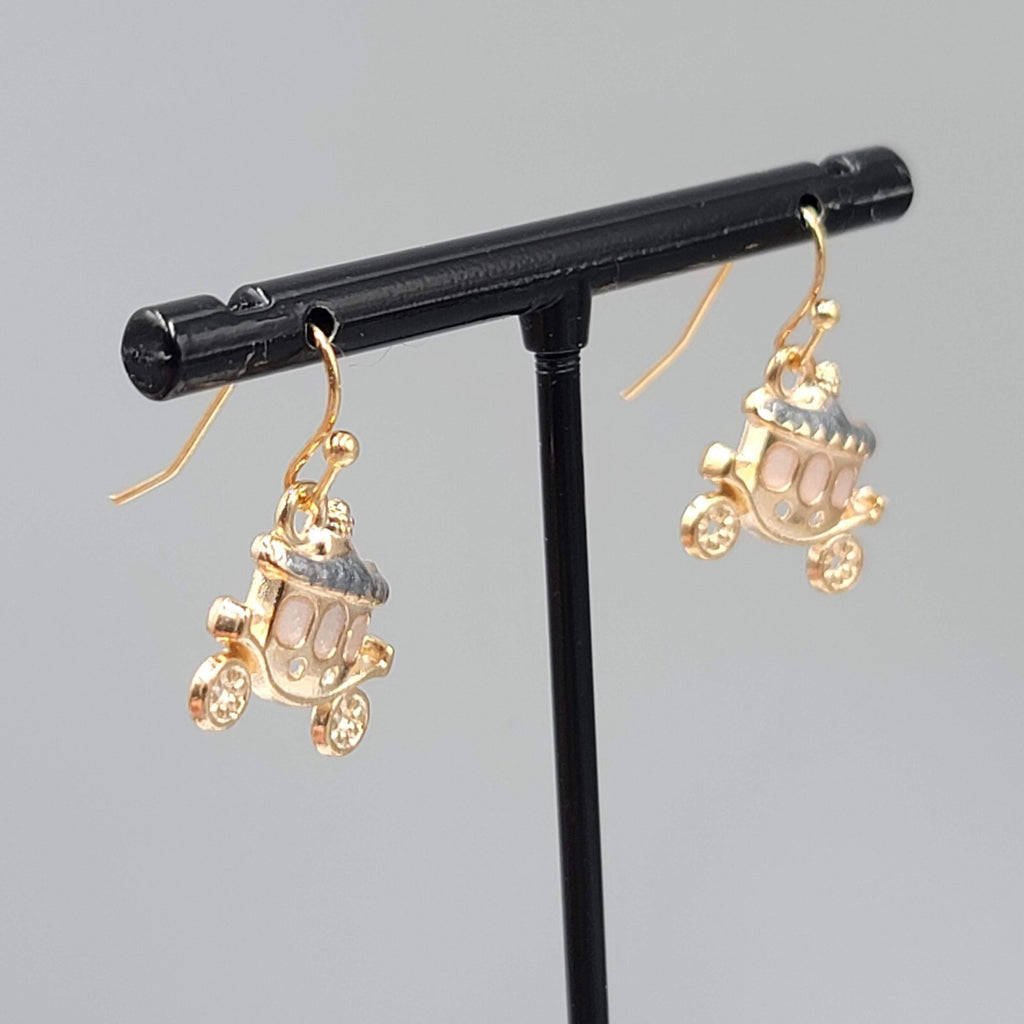 Carriage Enamel Pierced Earrings Gold tone Dangle 5/8"