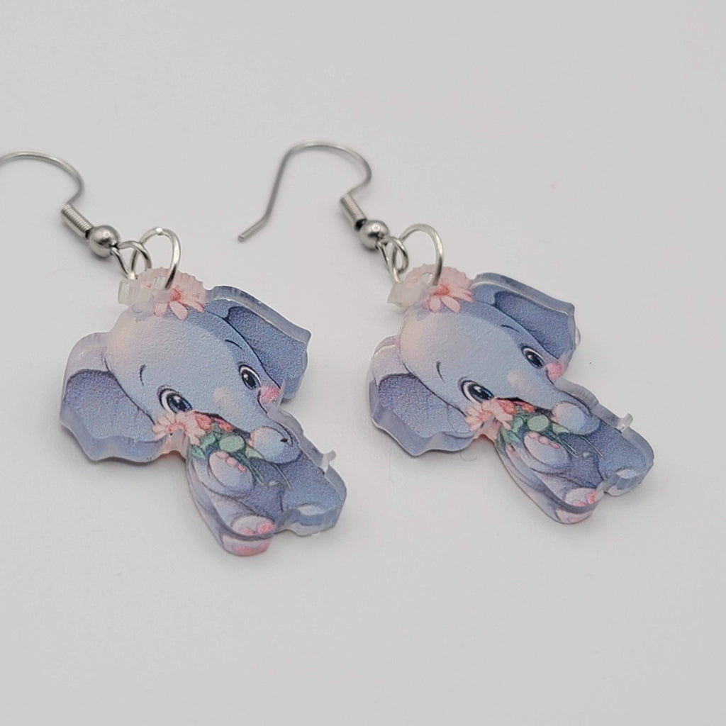 Elephant Pierced Earrings Acrylic Silver tone Dangle  1.25 in