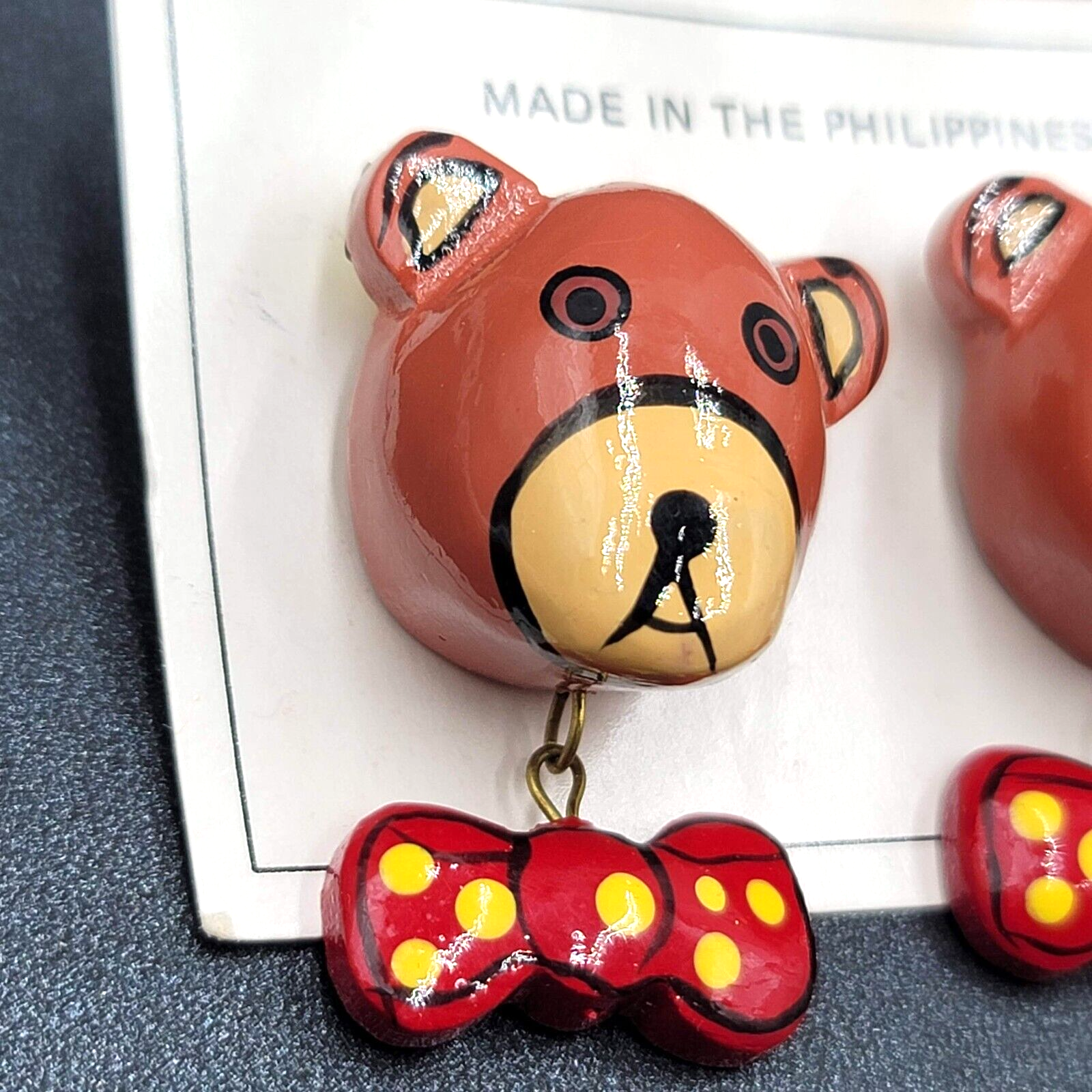 Vintage Pierced Earrings Painted Wood Bowtie Dog Dangle 1.5" NOS