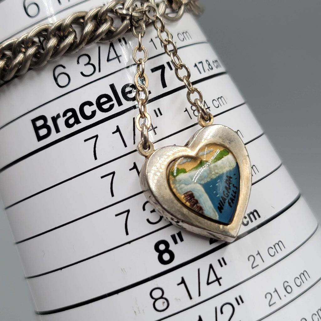 Vintage Niagara Falls Dangle Heart Charm Souvenir Bracelet Silver tone 6.5 in