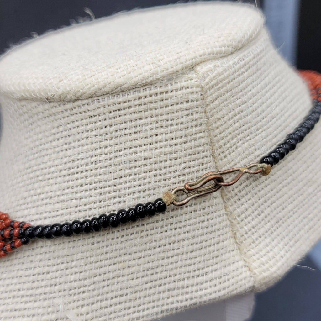Artisan Boho Necklace Dark Red Seed Bead Wood Inlay Pendant Ethnic 18"