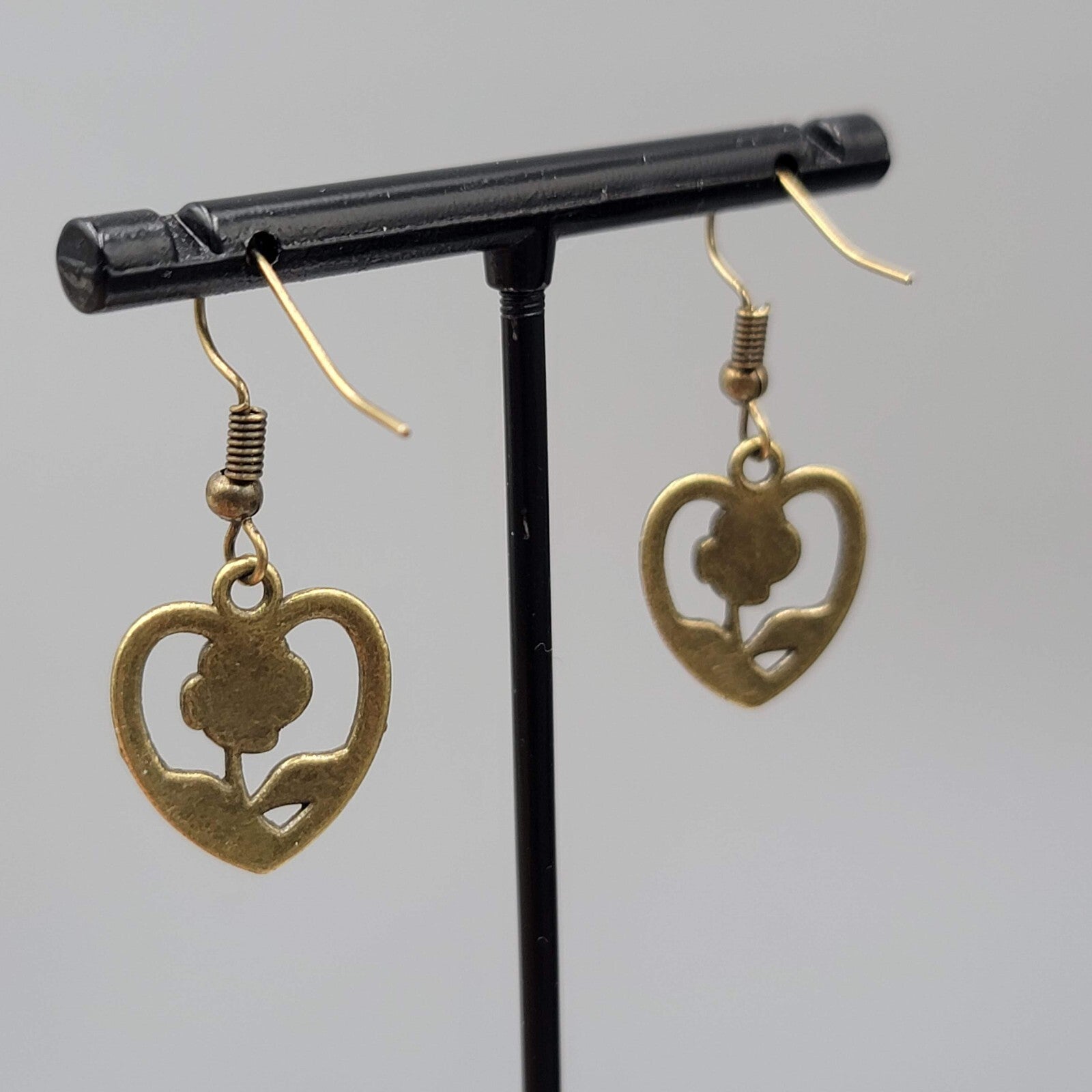 Rose Flower Heart Pierced Earrings Bronze tone Dangle NEW 5/8"