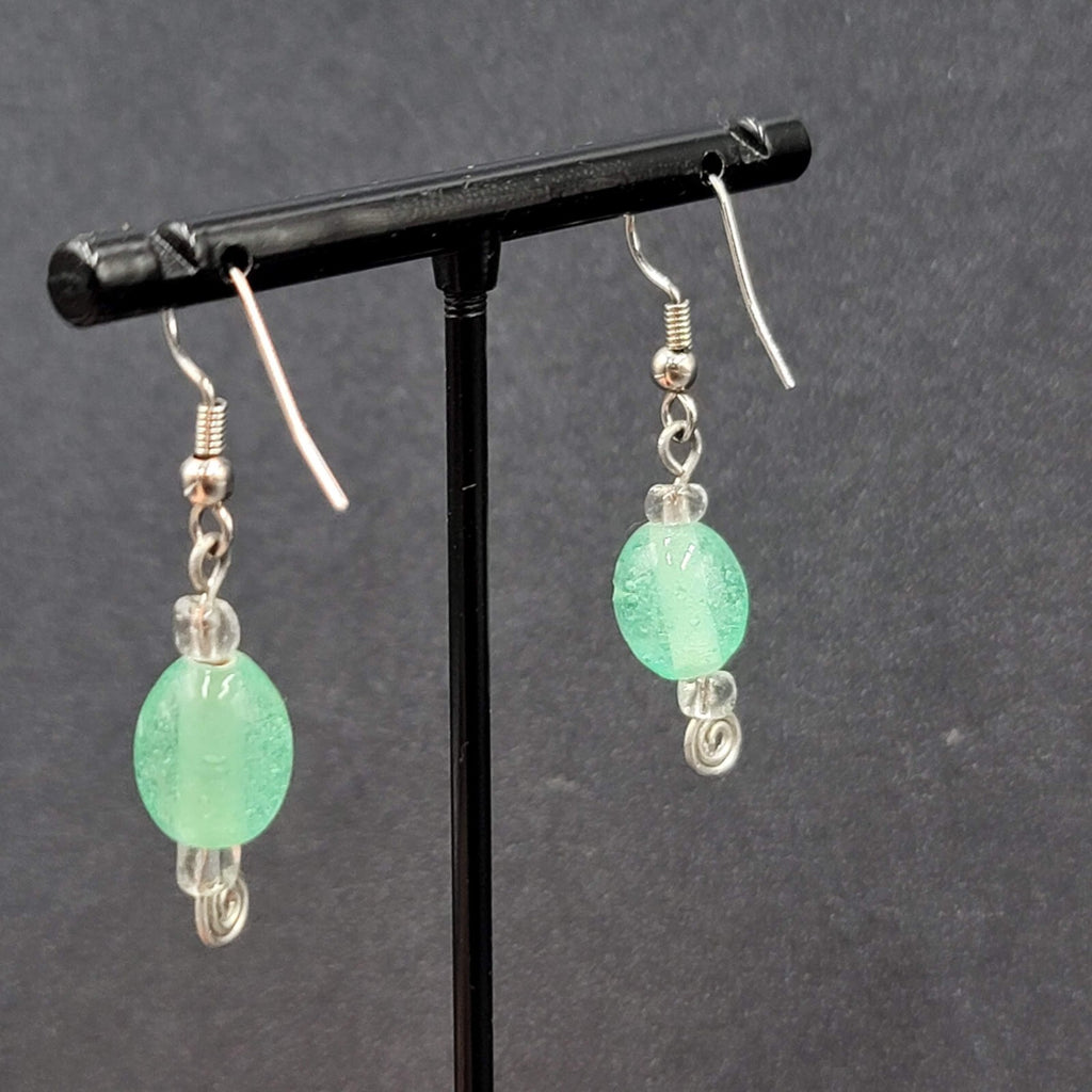 Pierced Earrings Silver tone Green Glass Beads Dangle 1"
