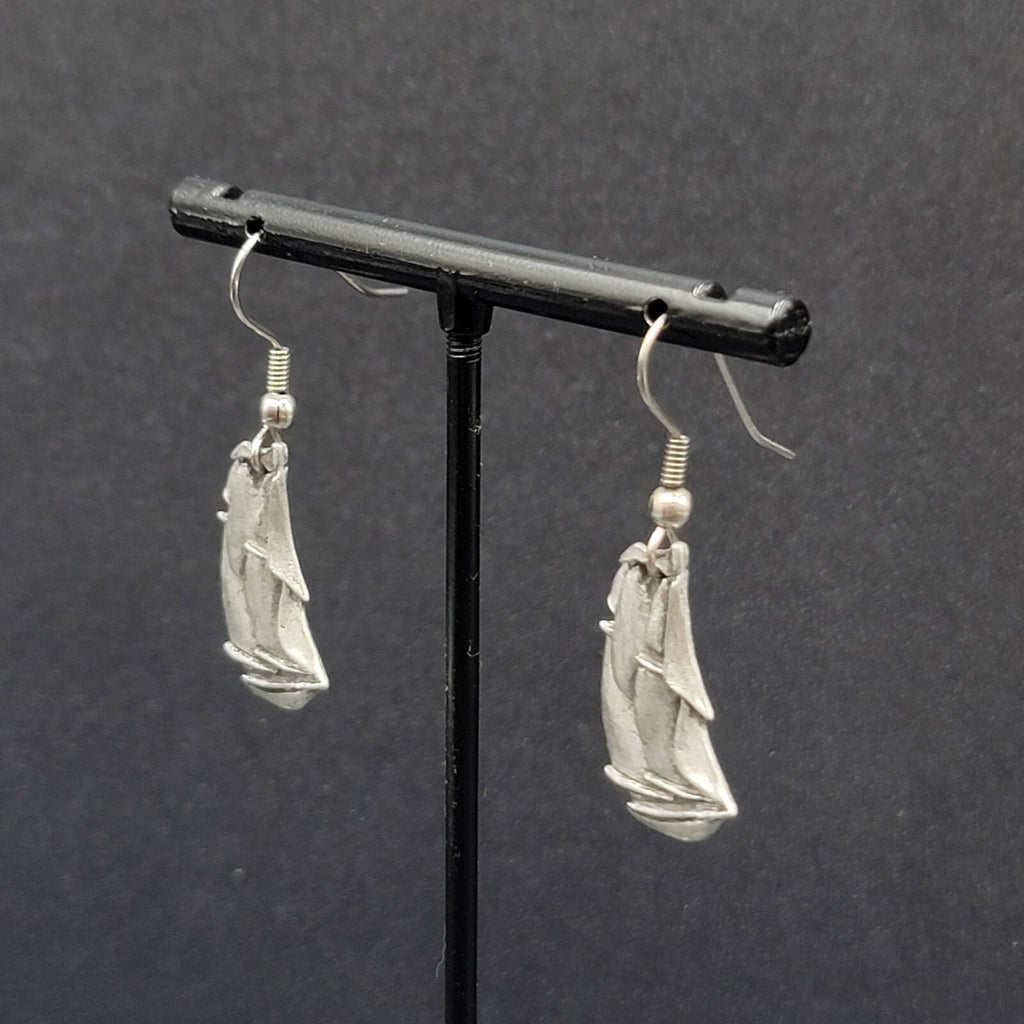 Vintage Ship Pierced Earrings Pewter Silver tone Dangle Nautical 7/8"