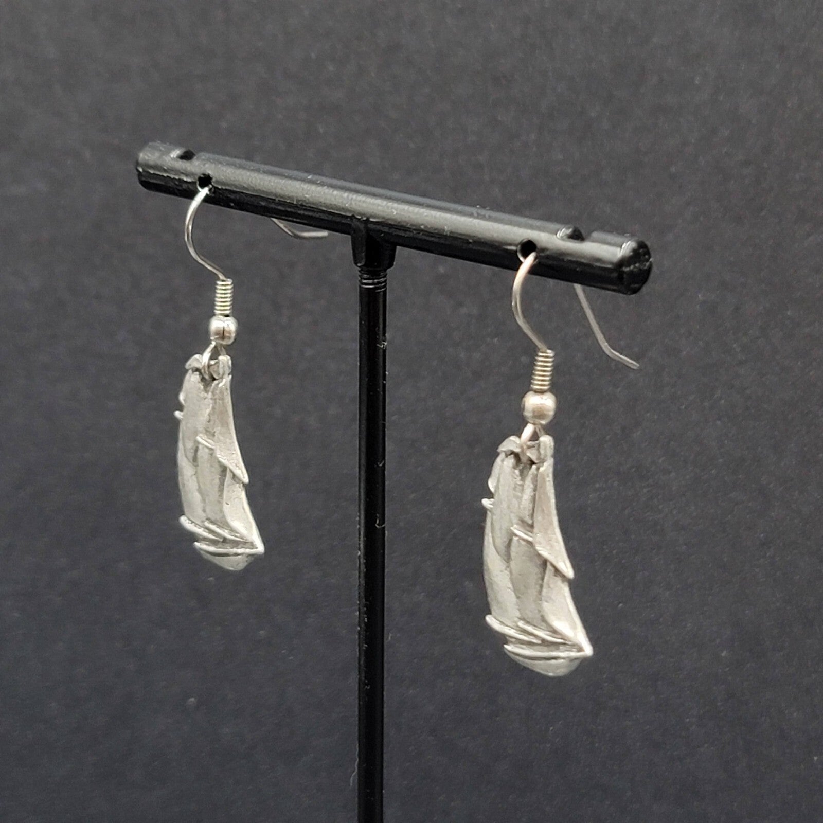 Vintage Ship Pierced Earrings Pewter Silver tone Dangle Nautical 7/8"