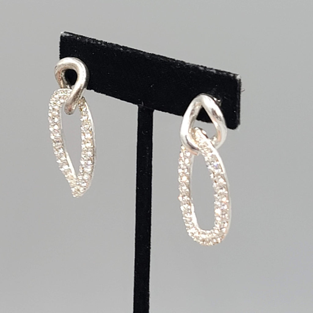 Pierced Earrings Rhinestone Silver tone Dangle Open Work Double Link 1.5"