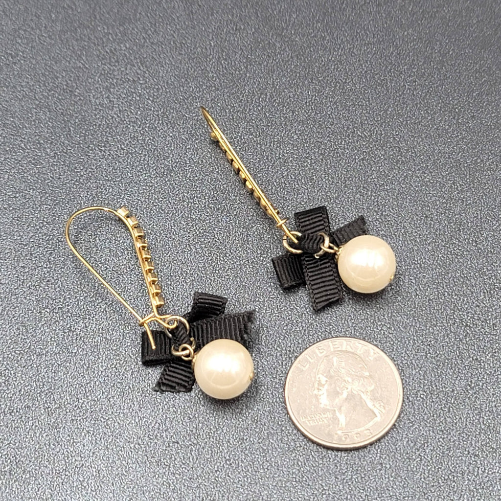 Pierced Earrings Gold tone Rhinestone Faux Pearl Black Grosgrain Ribbon Bow 2"