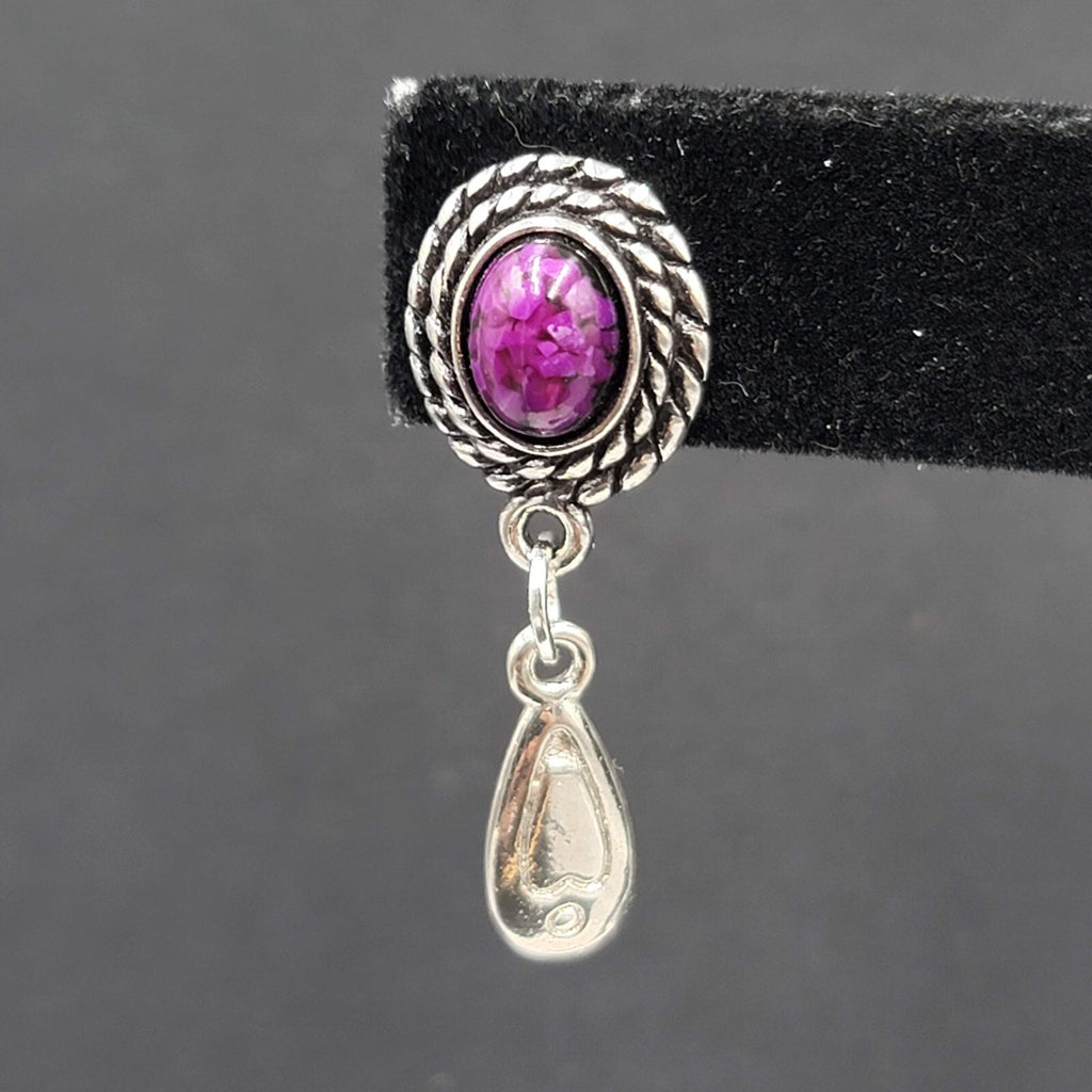 Vintage Pierced Earrings Silver tone Dangle Purple Cabochon 1.25"