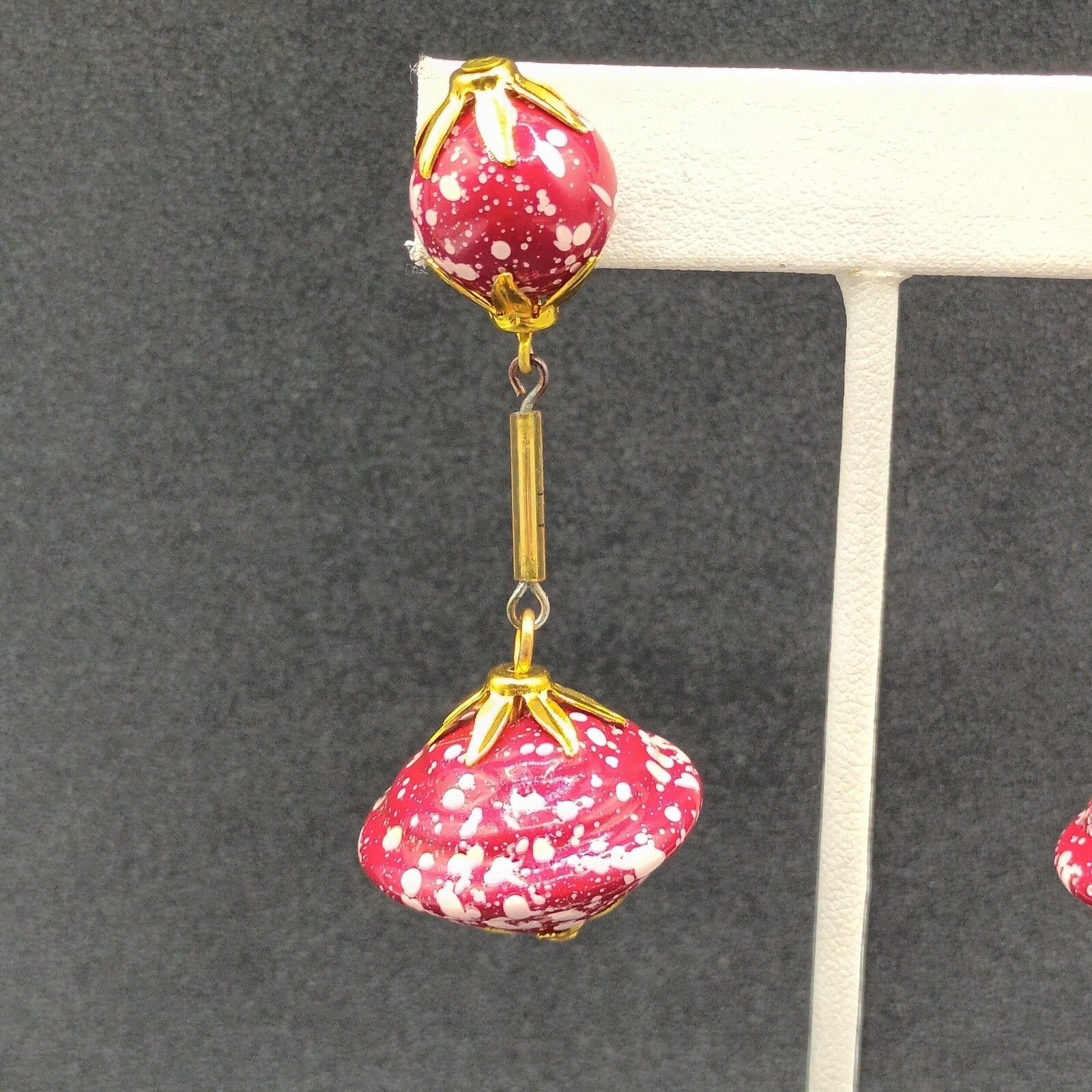 Vintage Pierced Earrings Gold tone Red White Acrylic Large Bead Dangle 2 1/2"