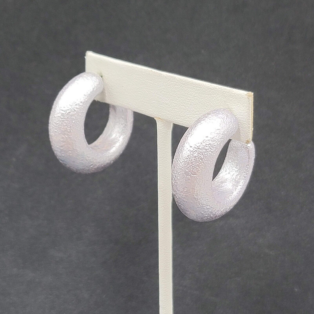 Pierced Earrings Textured Silver Lavender Wide Thick Hoops Dangle 1 1/8"