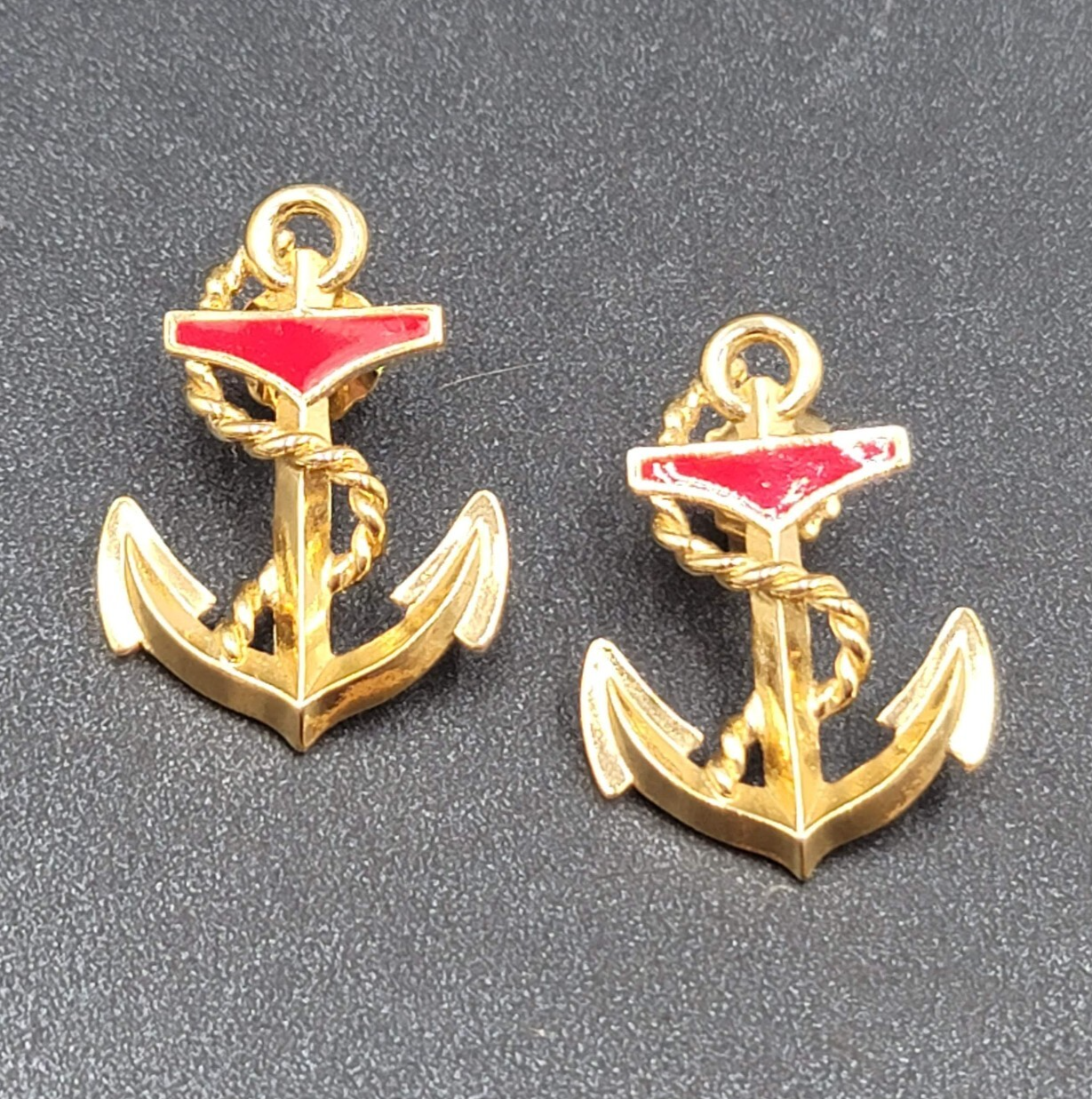 Vintage Pierced Earrings Enamel Anchor Nautical Gold tone 1.25"