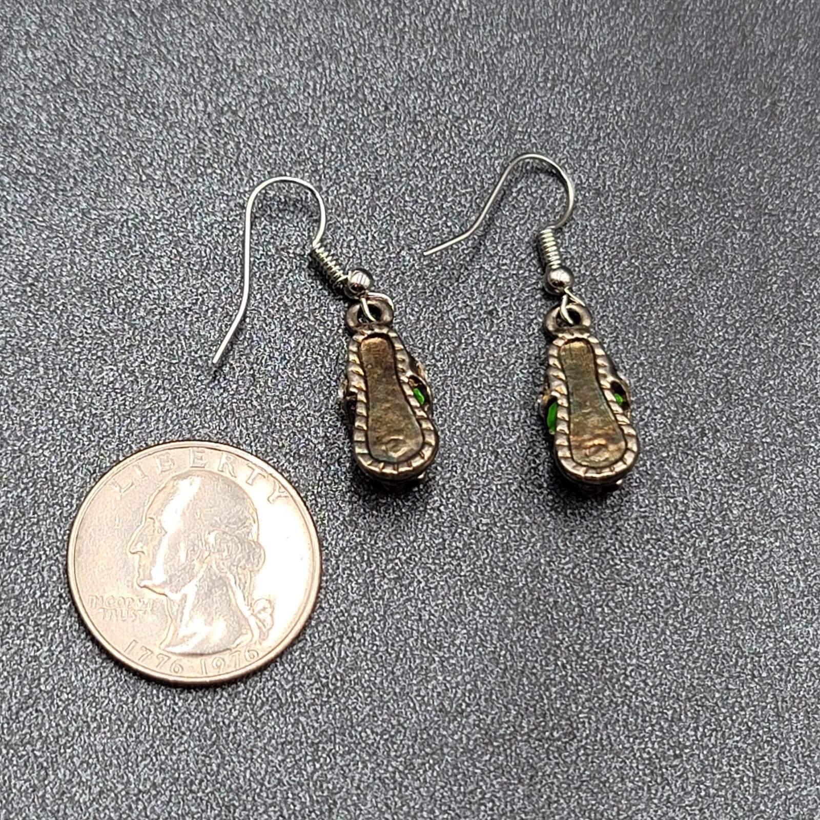 Pierced Earrings Green Enamel Flip Flop Rhinestone Dangle 1"