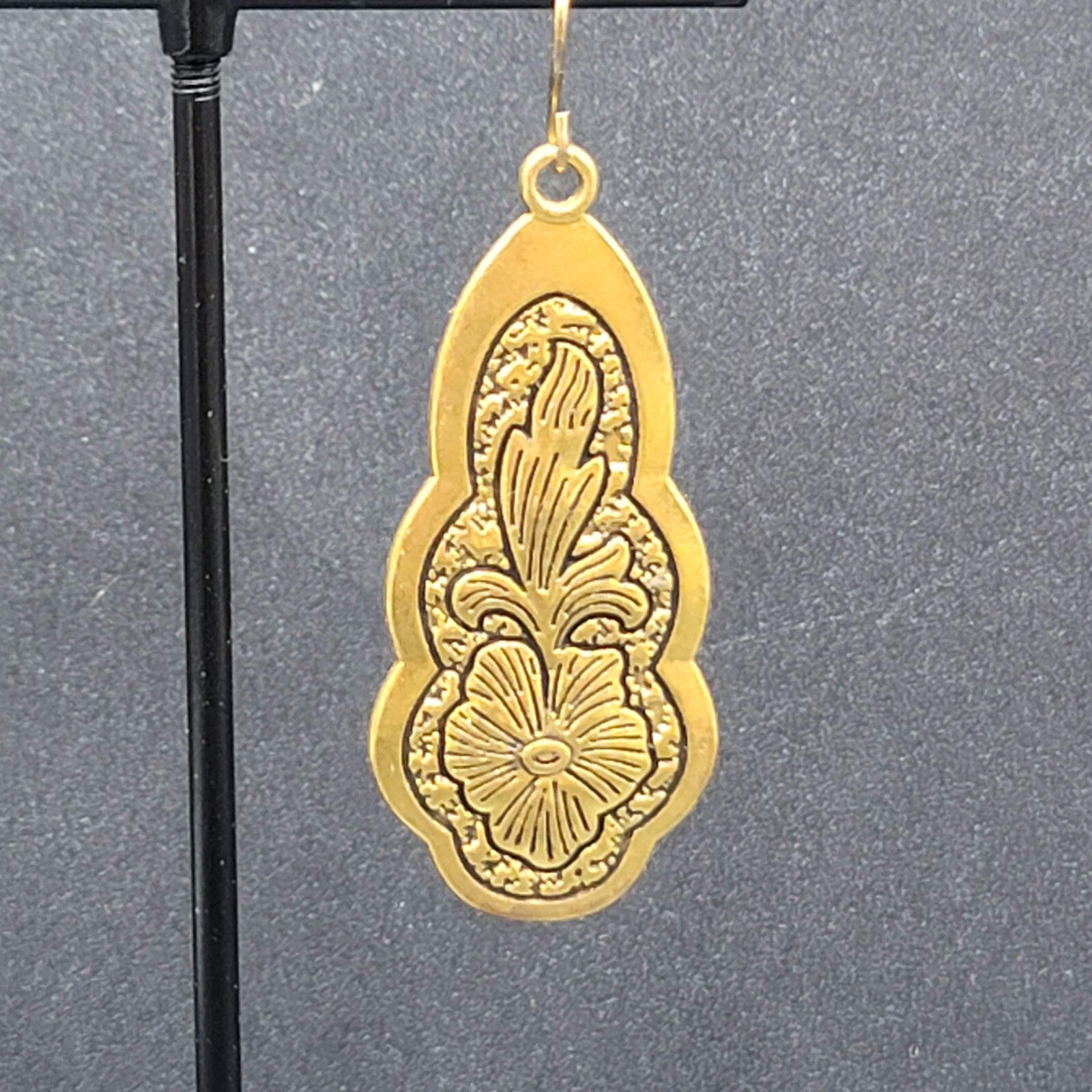 Pierced Earrings Gold Plated Black Embossed Flowers Dangle 1.75"