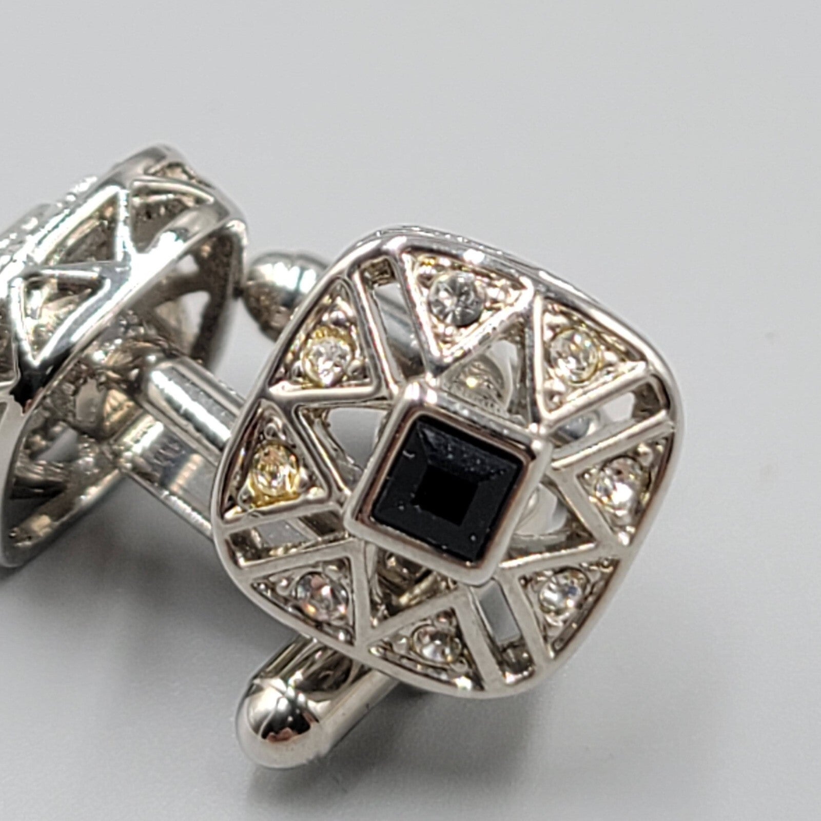 Rhinestone Silver Tone Cufflinks Square Black Center 3/4"