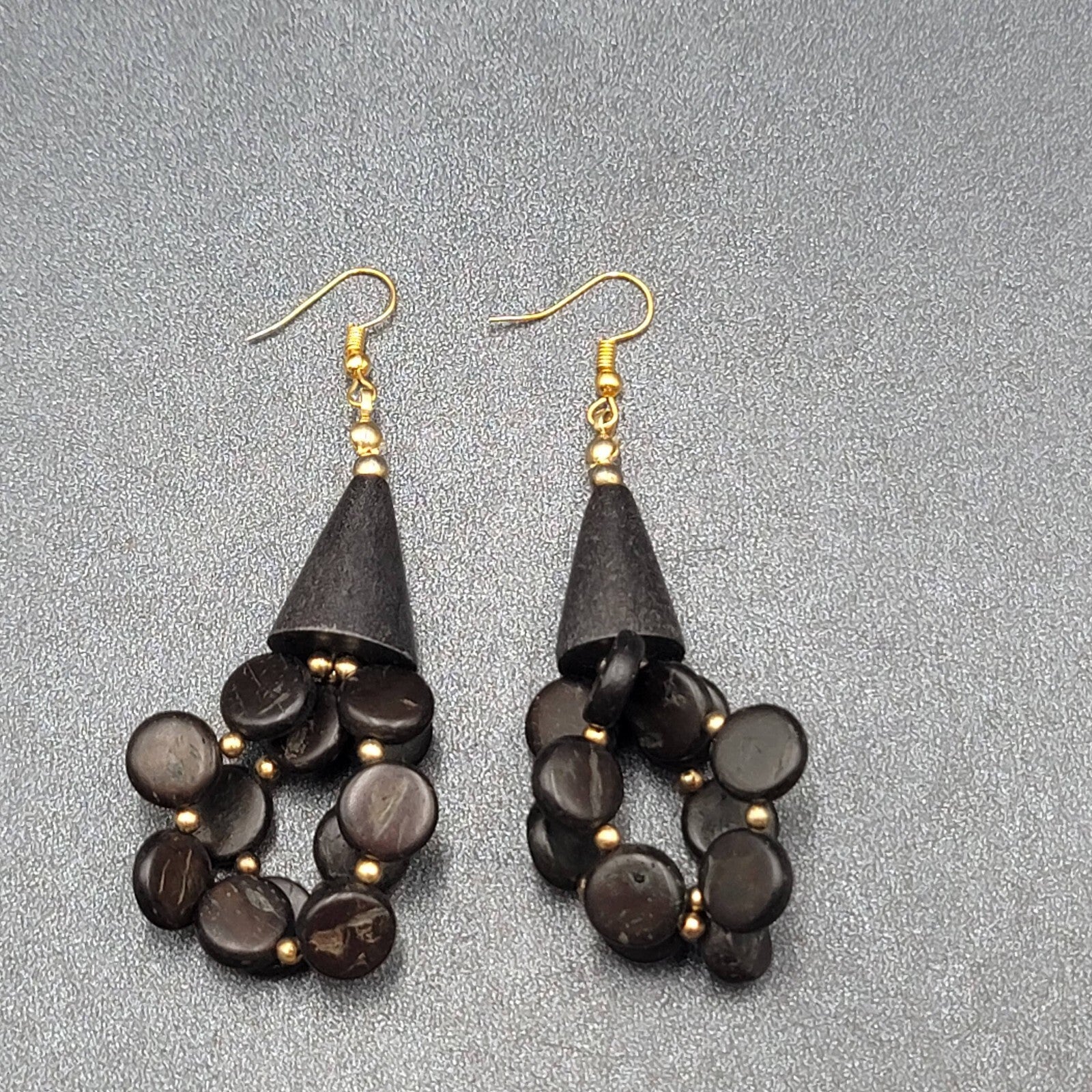 Vintage Pierced Earrings Black Coconut Beaded Statement 2.5"