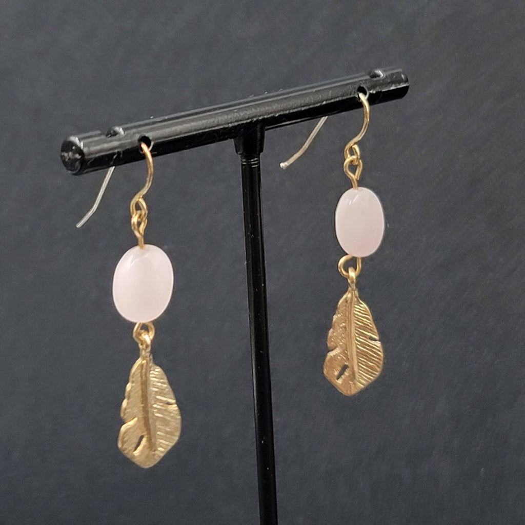 Pierced Earrings Gold tone Pink Quartz Metal Feather Dangle 1 3/8"