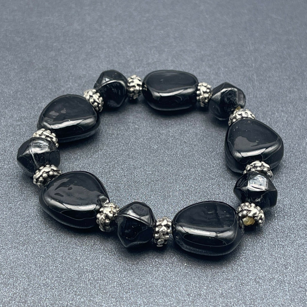 Black Glass and Silver tone Bead Beaded Stretch Elastic Bracelet