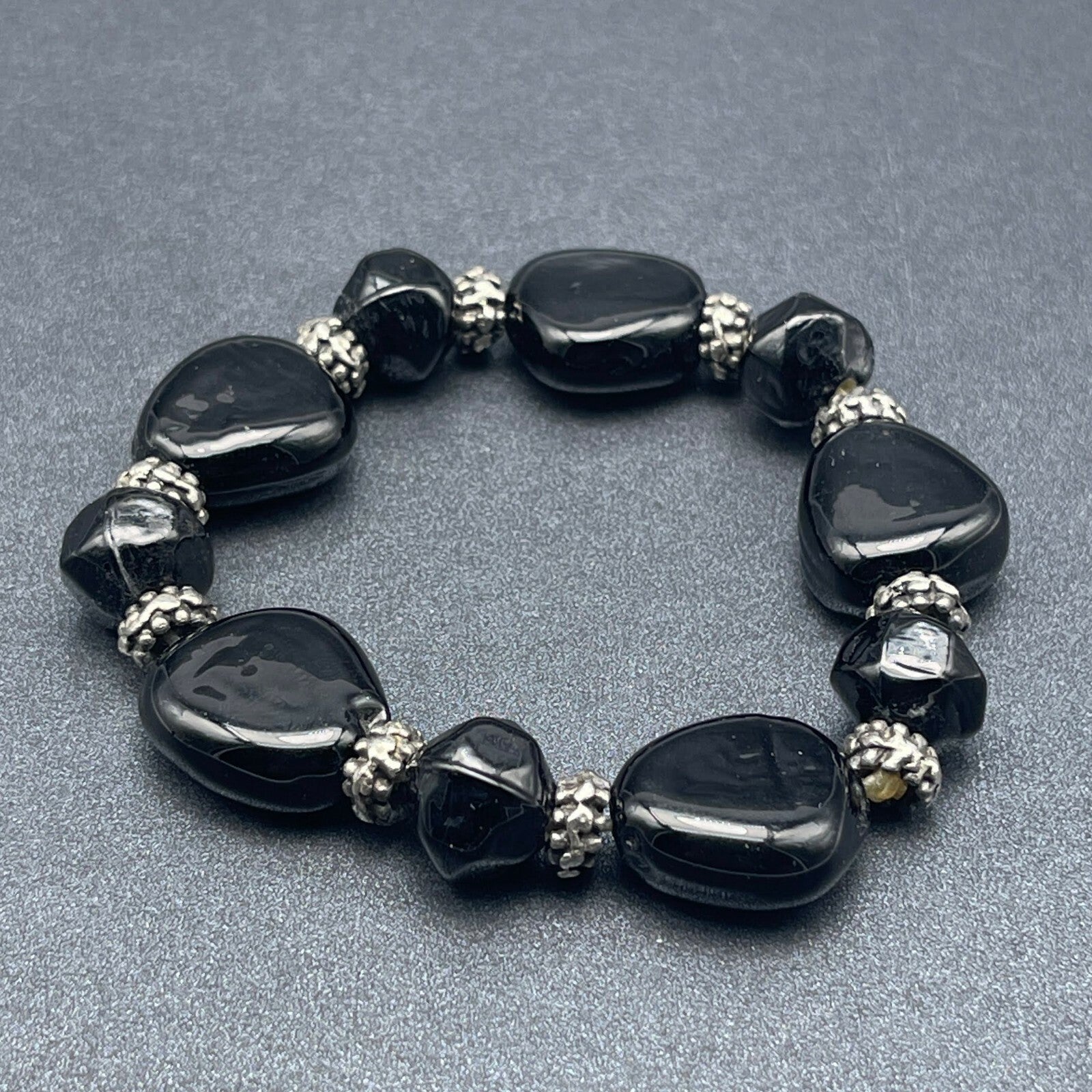Black Glass and Silver tone Bead Beaded Stretch Elastic Bracelet
