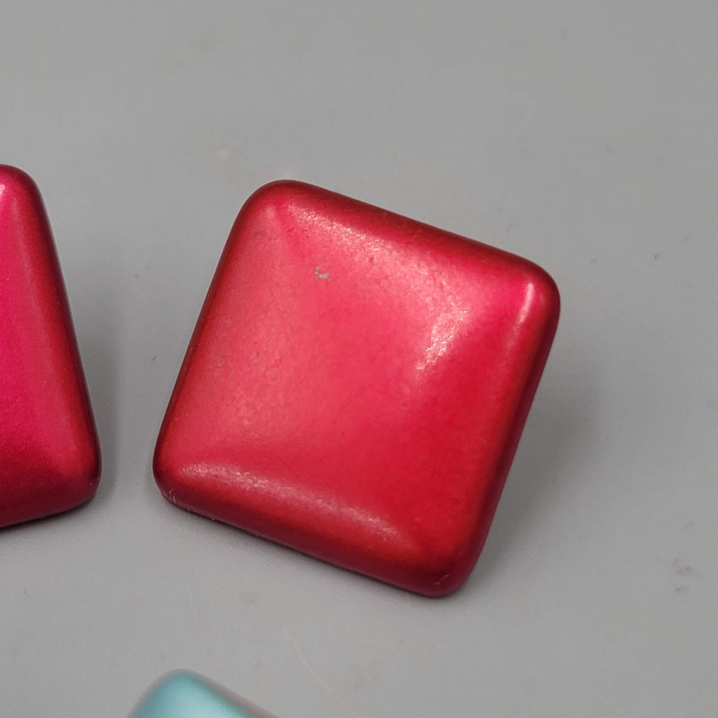 Vintage Square Pierced Earrings Red Blue Lot of 2 Retro Chunky Statement 1"