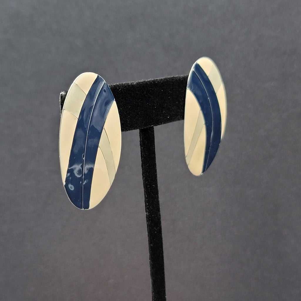 Vintage Pierced Earrings Tan Blue Oval Enamel Drop 1.5"