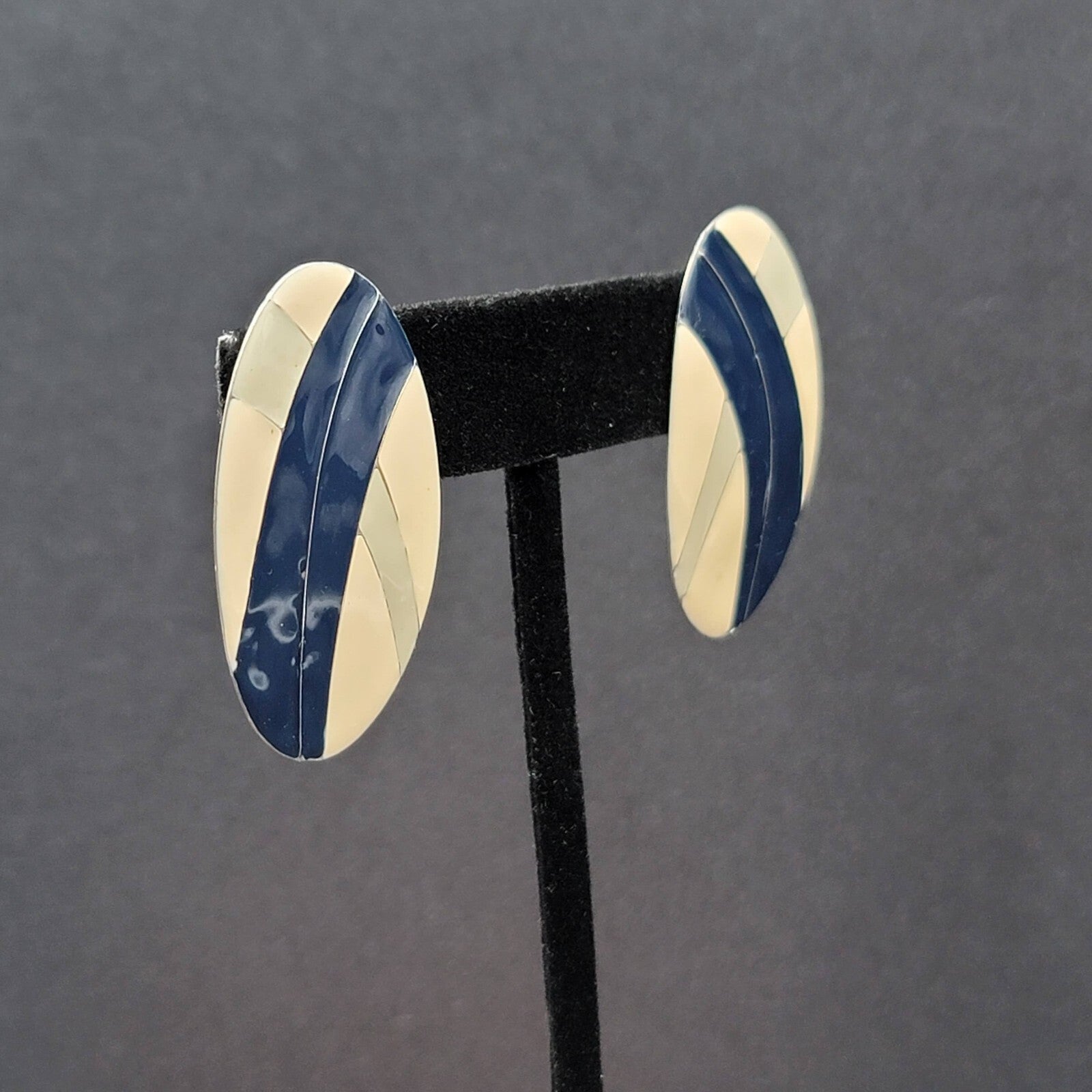Vintage Pierced Earrings Tan Blue Oval Enamel Drop 1.5"