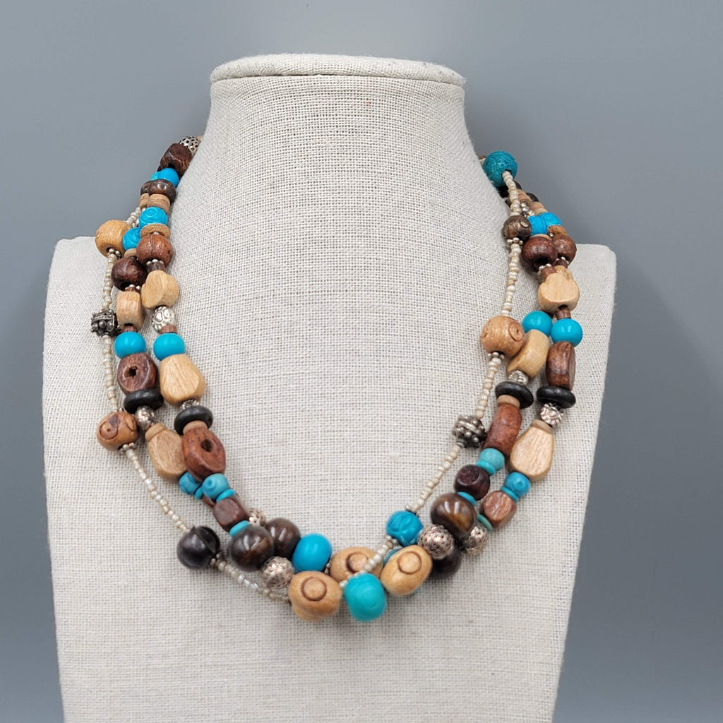 Stephan & Co Multi Strand Wooden Bead Necklace Silver Tone Boho Layered 18 Inch