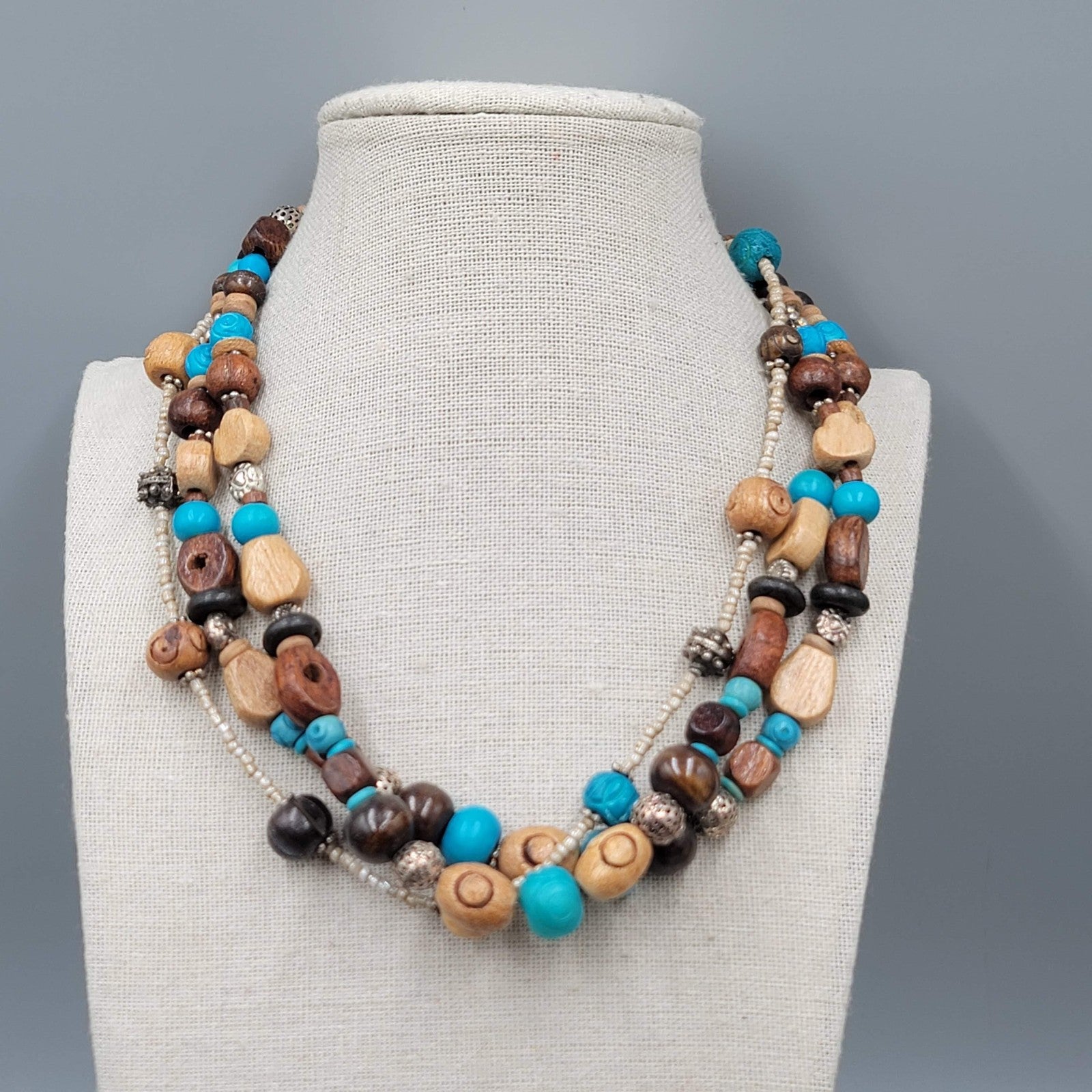 Stephan & Co Multi Strand Wooden Bead Necklace Silver Tone Boho Layered 18 Inch