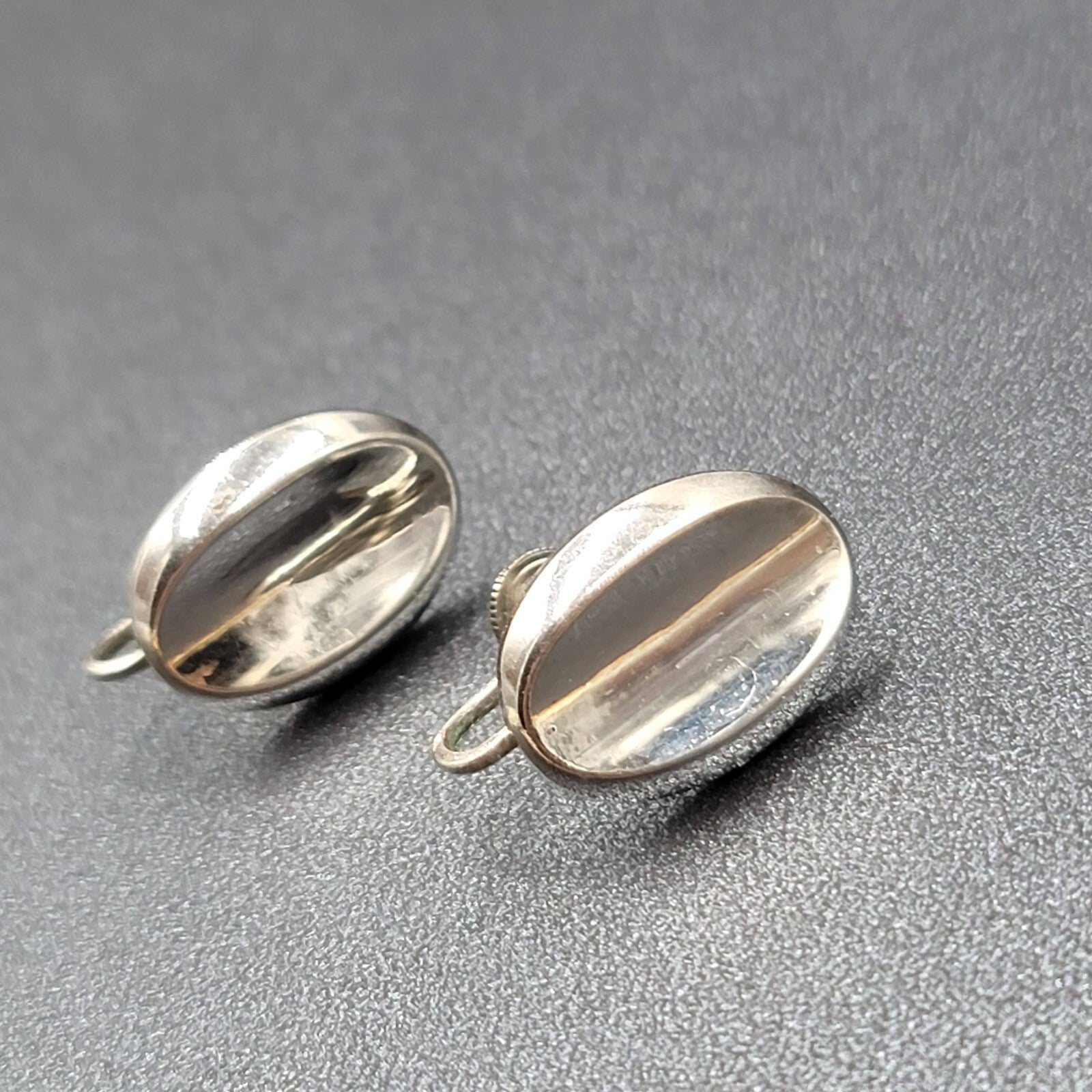 Vintage Clip on Earrings Silver tone Concave Oval Studs 3/4"