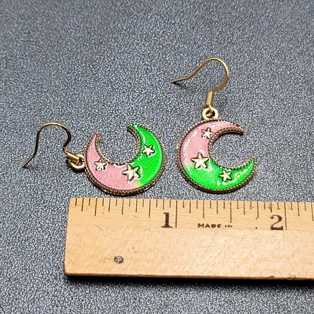 New Crescent Moon Pierced Earrings Gold tone Purple Green Enamel Dangle 7/8"