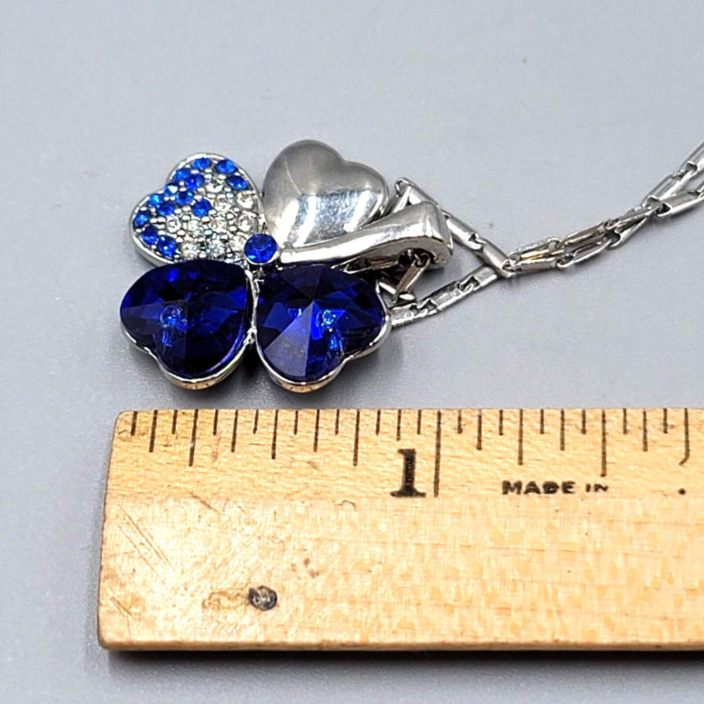 Shamrock Clover Necklace Blue Rhinestone Silver tone Chain 16"-18"