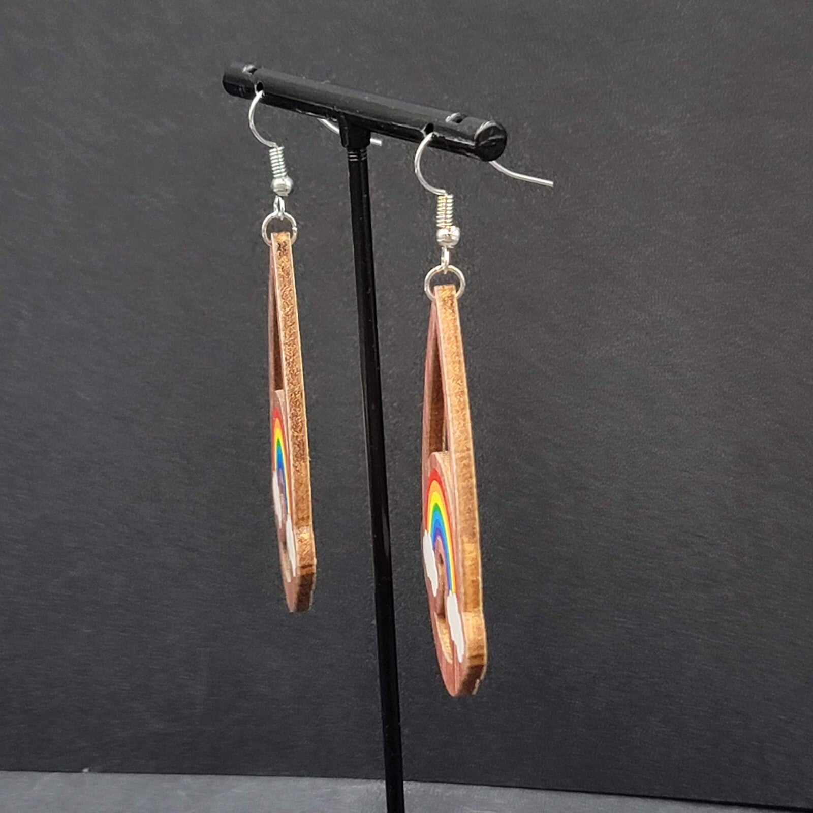 New Rainbow Pierced Earrings Pride Wood Teardrop Dangle 2.25"
