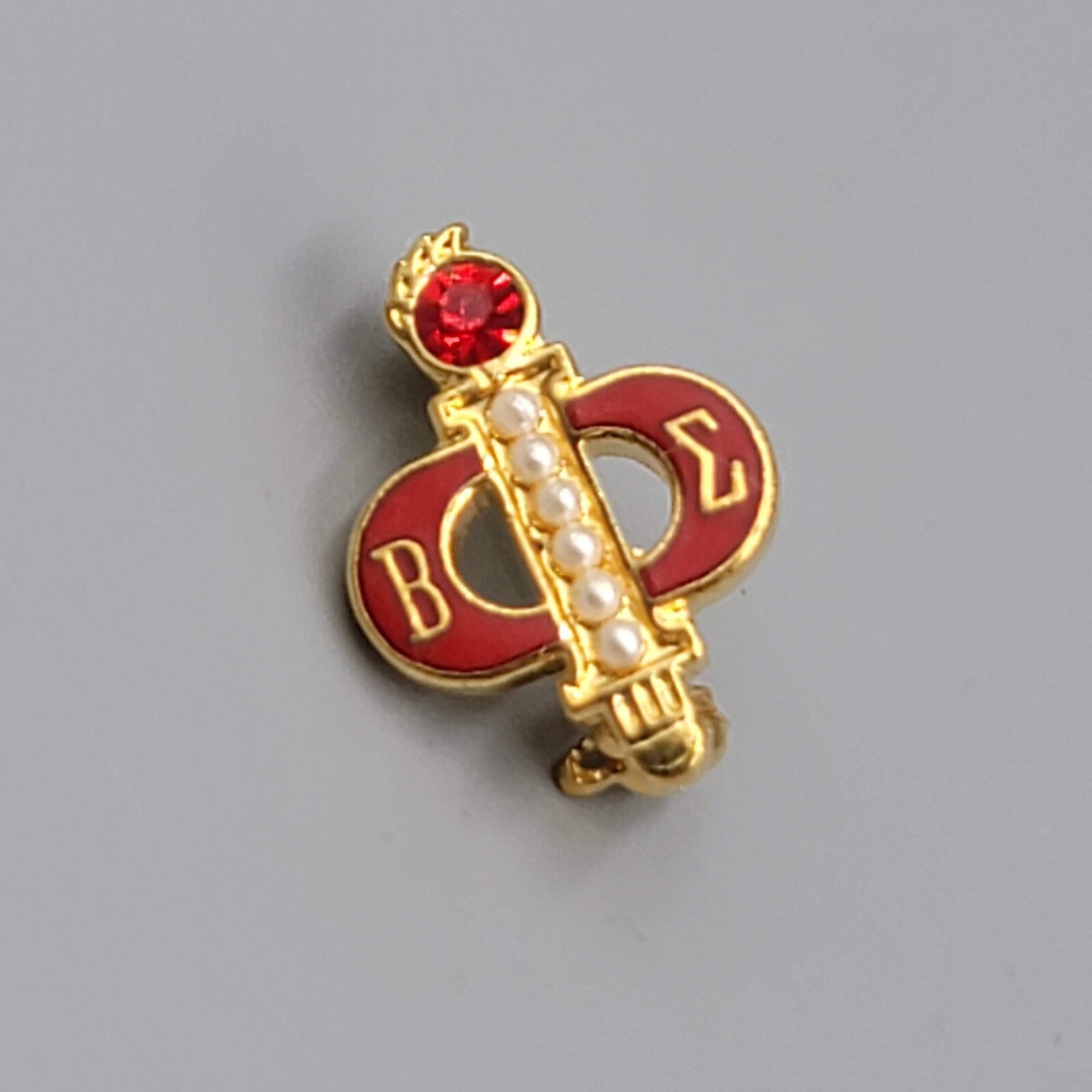 Vintage Beta Sigma Phi Sorority Lapel Pin Red Enamel Gold tone Torch 3/4"