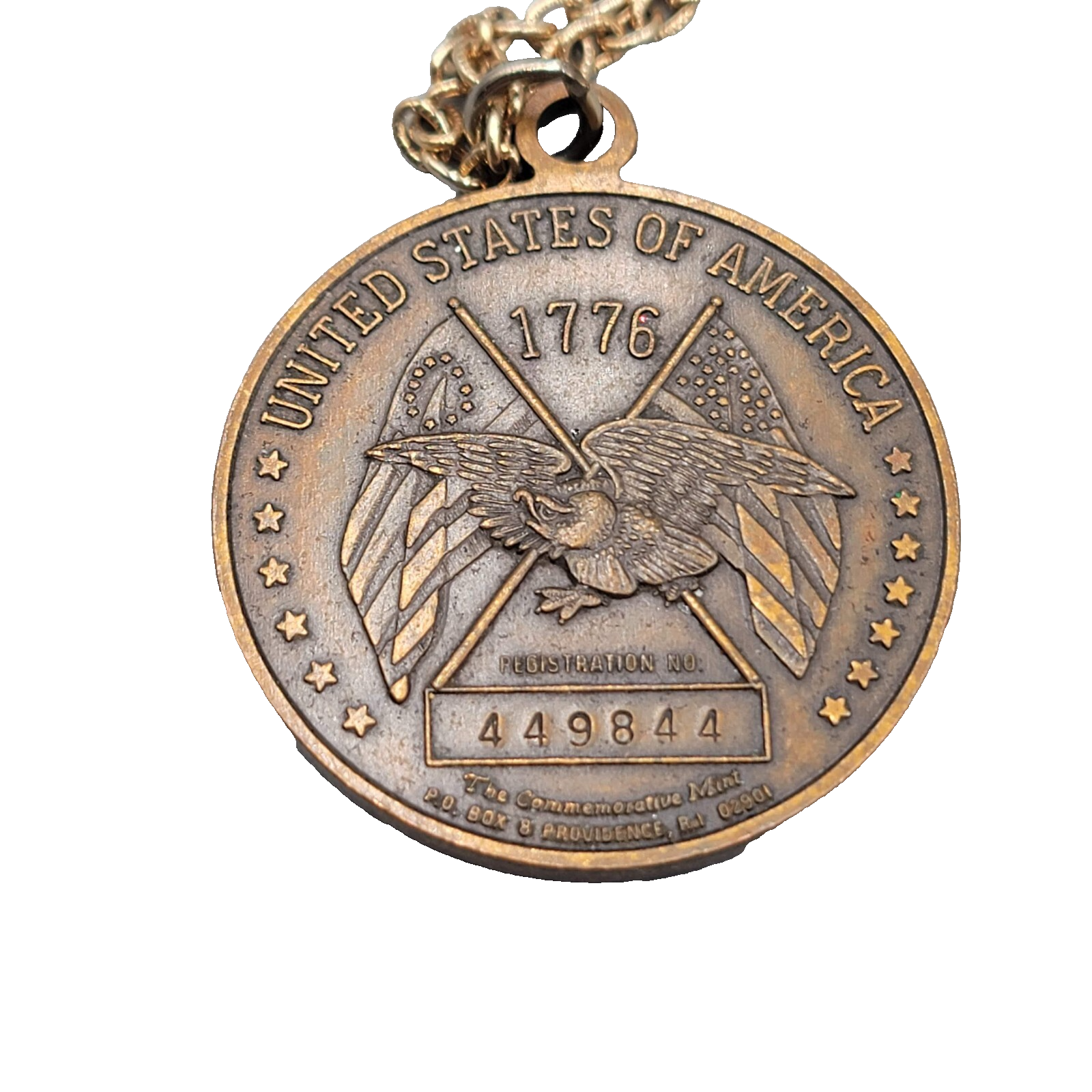 Vtg Liberty Bell Commemorative Mint Registered Coin Pendant Necklace Bronze tone