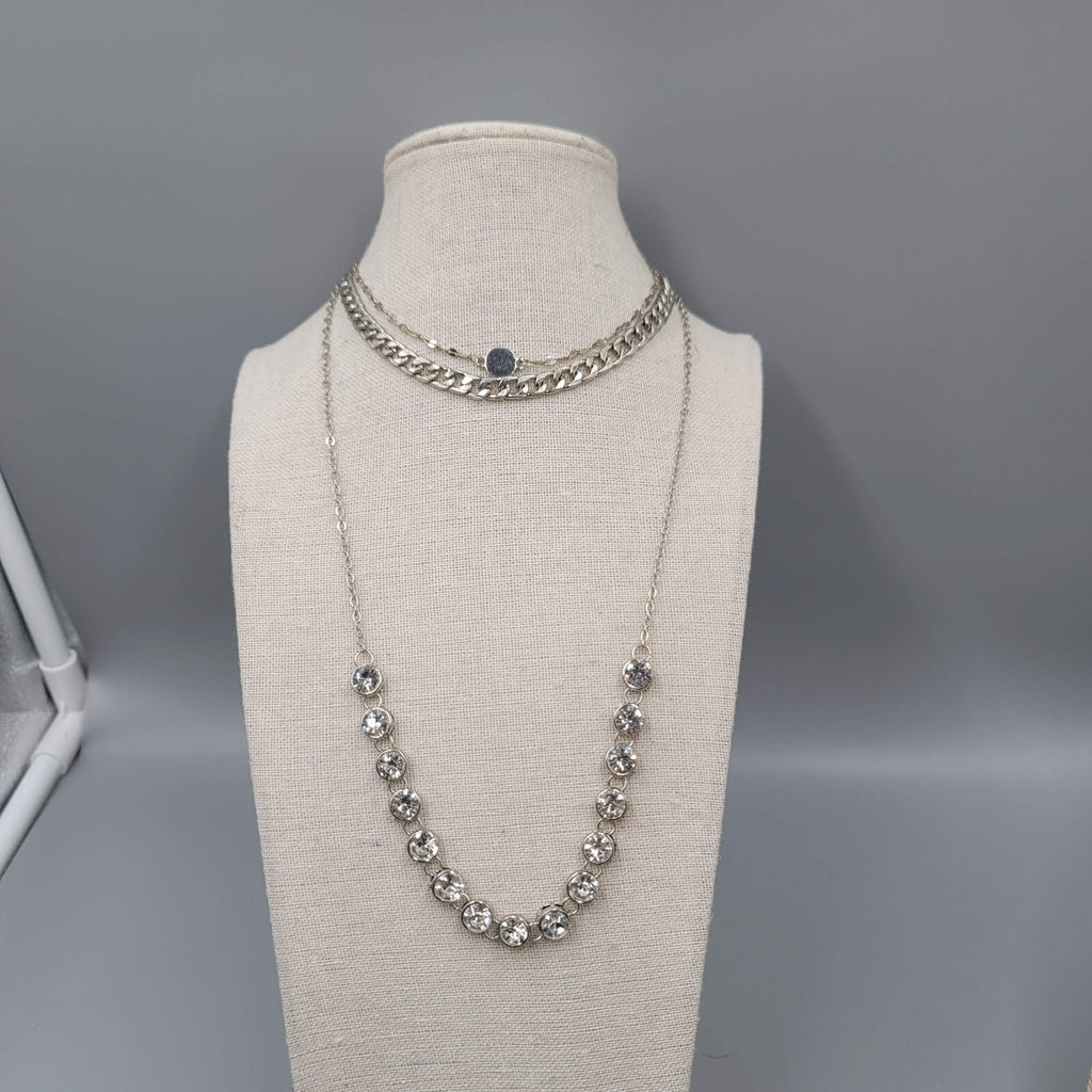 Choker Layered Chain Necklace Silver tone Chains Rhinestones 12"-15" & 21"+