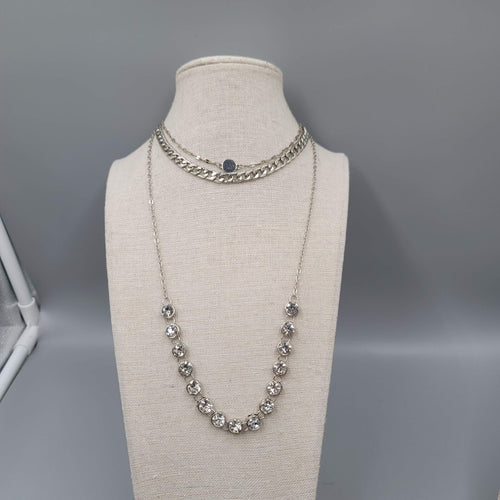 Choker Layered Chain Necklace Silver tone Chains Rhinestones 12"-15" & 21"+