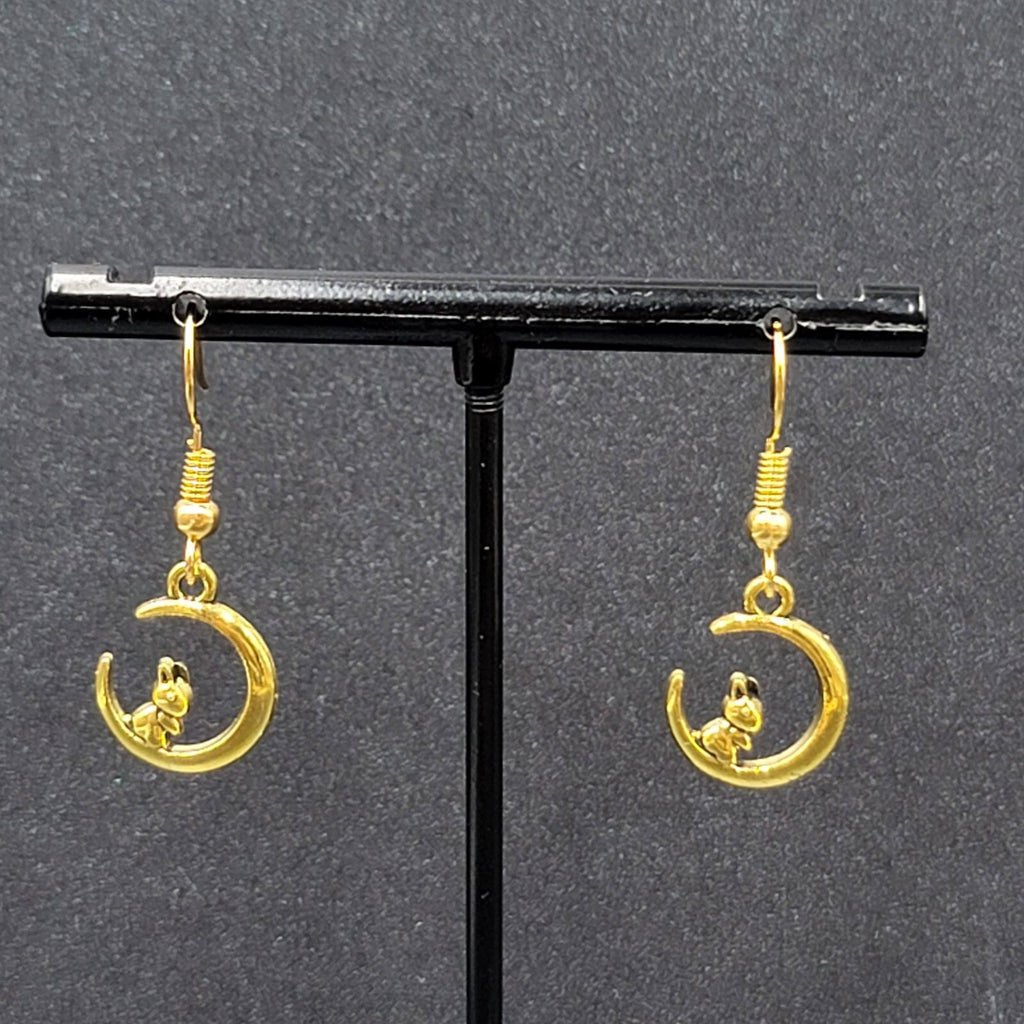 New Bunny Rabbit on Crescent Moon Pierced Earrings Gold tone Dangle 5/8"