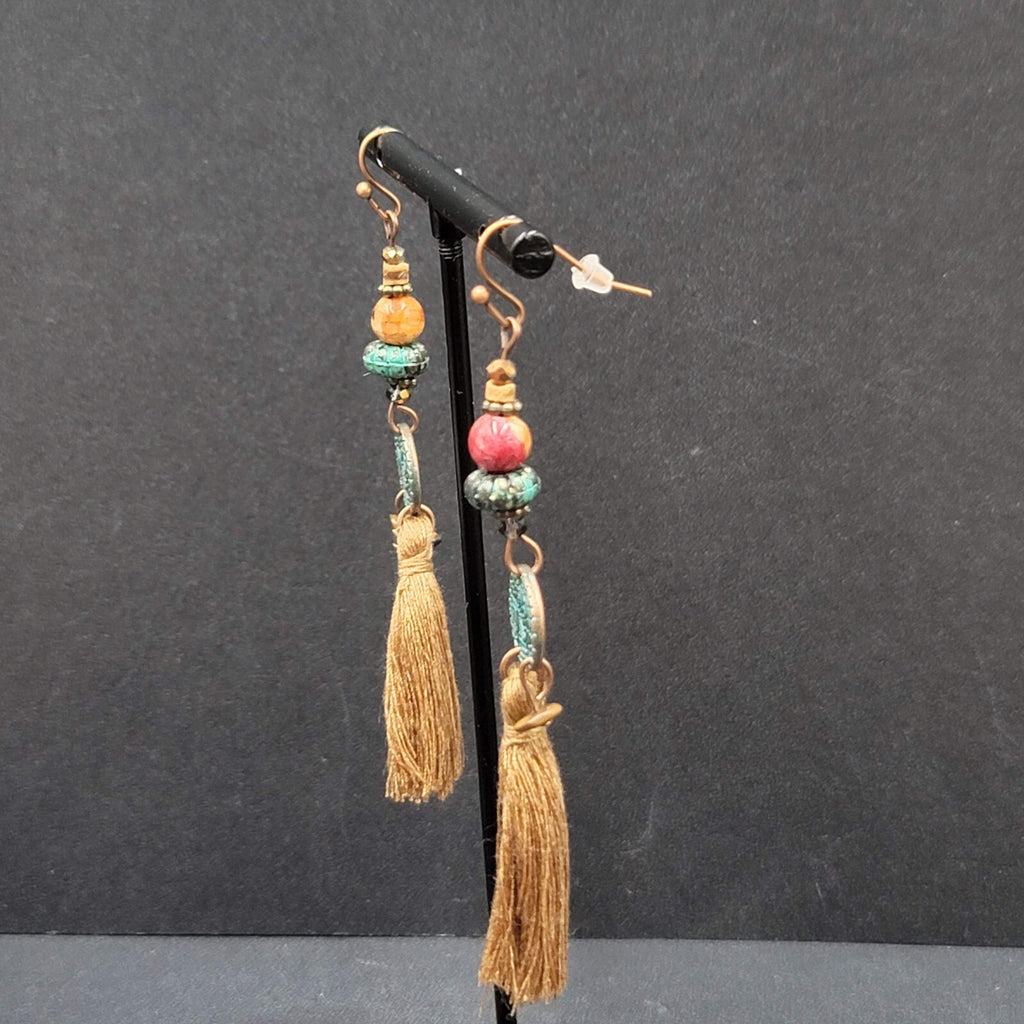 New Boho Pierced Earrings Long Copper tone Brown Tassel Beaded 3"