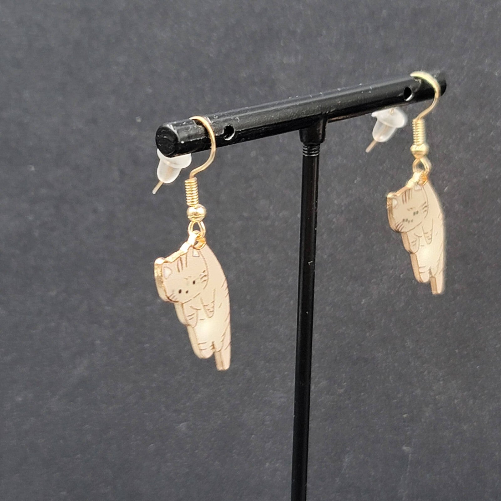 Kitty Cat Pierced Earrings Gray Tabby Kitten Dangle Gold tone 1"