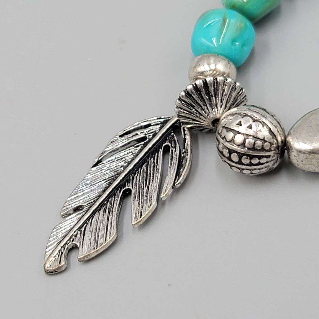 Louisa Bracelet Blue Pottery Bead Silver tone Feather Charm 6.75"-7.75"