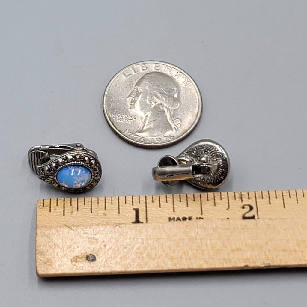 Vintage Clip on Earrings Silver tone Faux Glass Opal Drop 5/8"