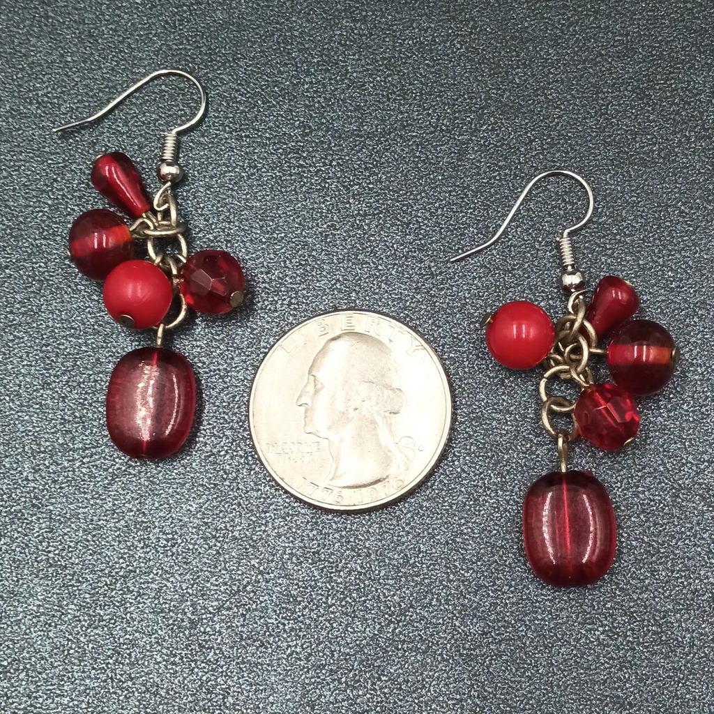 Pierced Earrings Red Acrylic Bead Cluster Silver tone Hook Dangle 1 3/8"