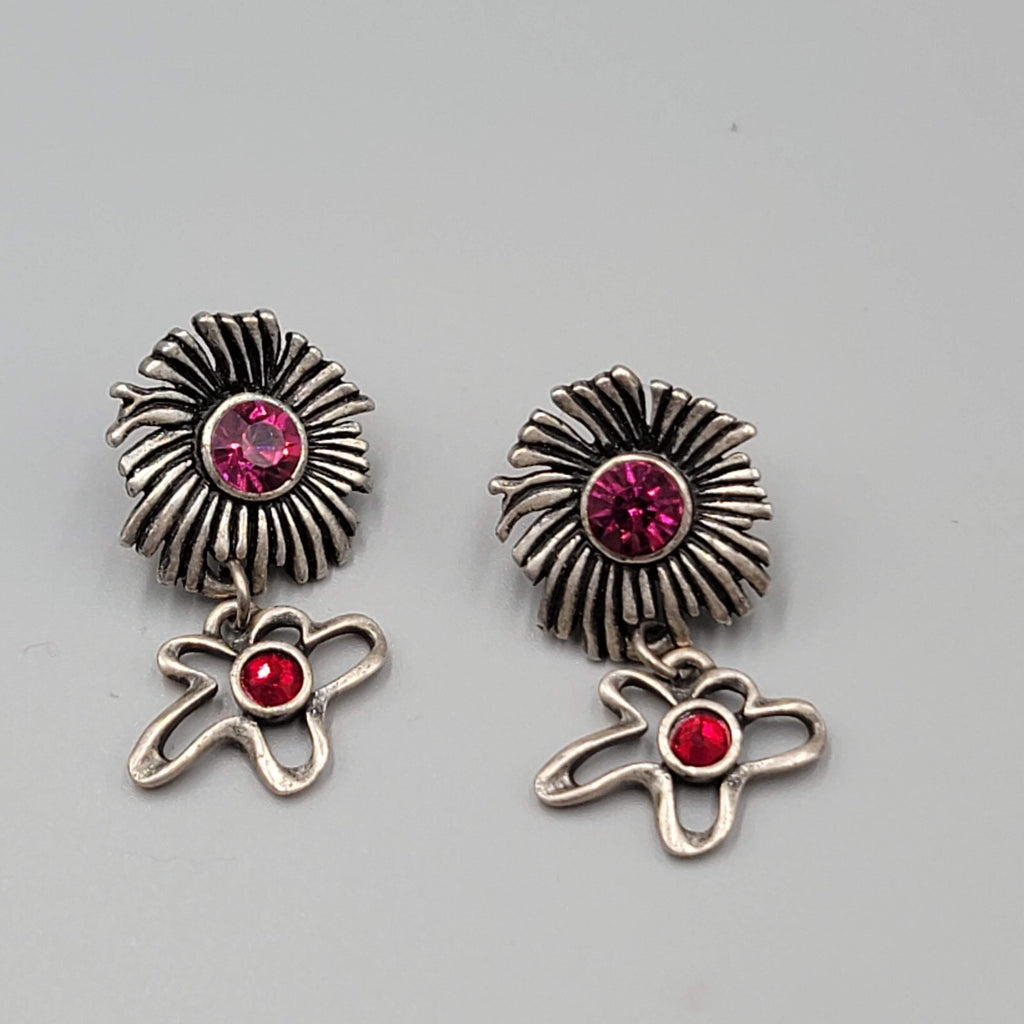 Chicos Flower Pierced Earrings Purple Red Rhinestone Silver tone Dangle 1.5"